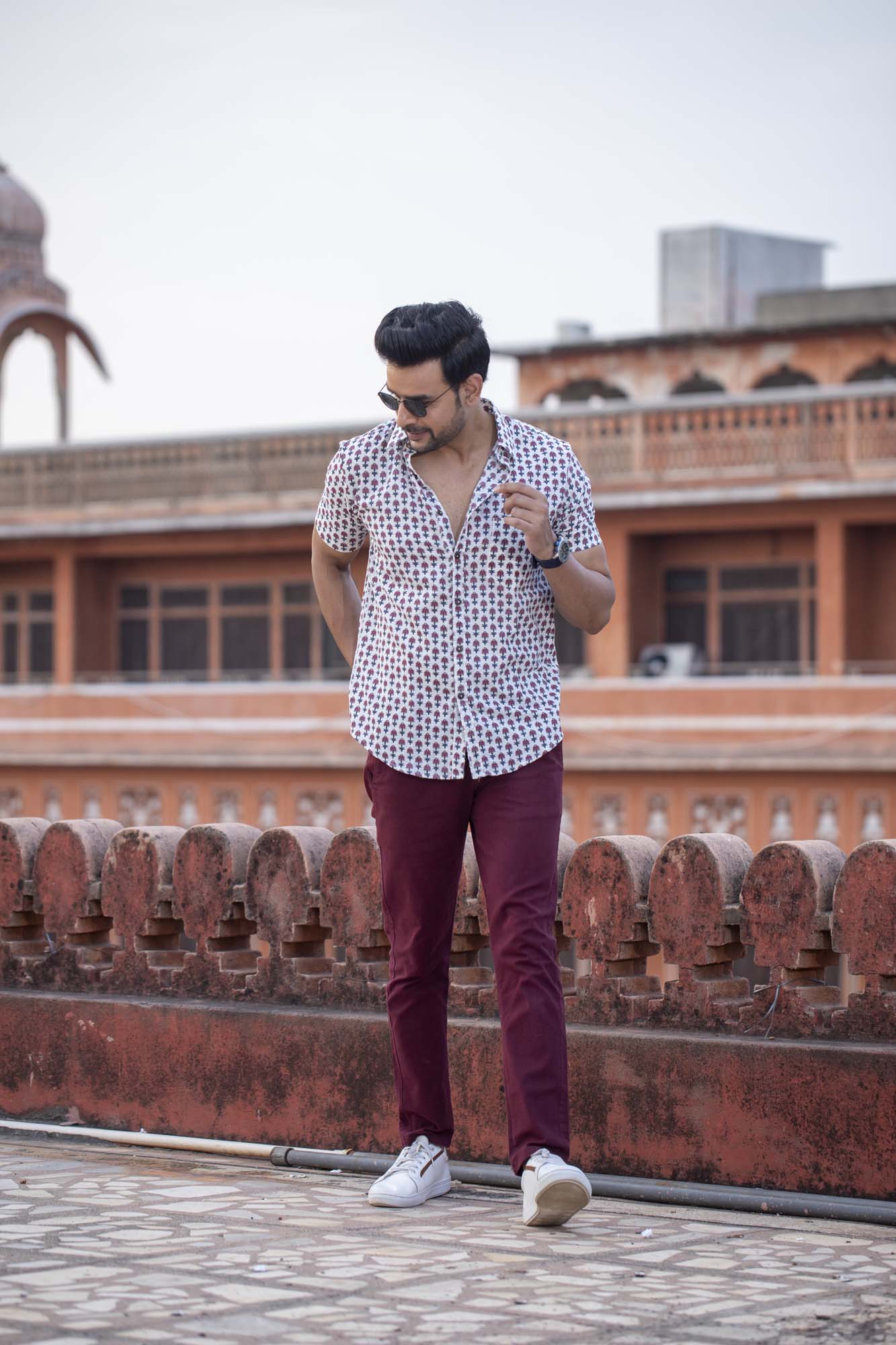 Mens Half Sleeve Shirt Pomegranate Buti Blue