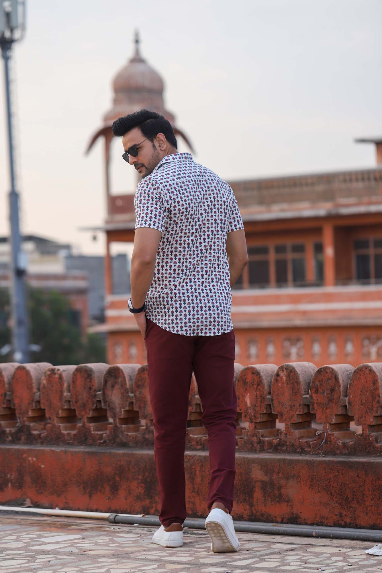 Mens Half Sleeve Shirt Pomegranate Buti Blue