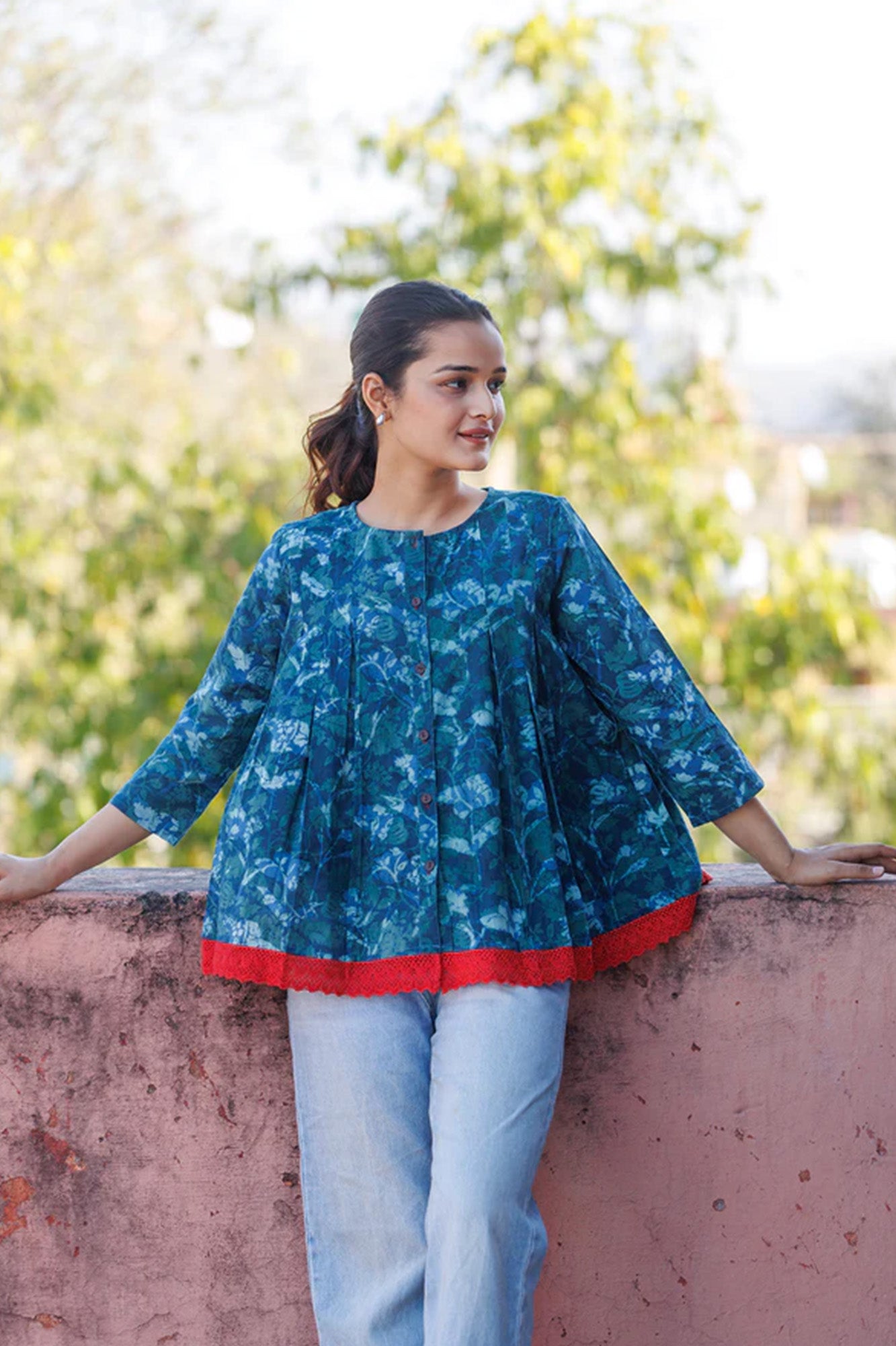 Indigo Box Pleat top