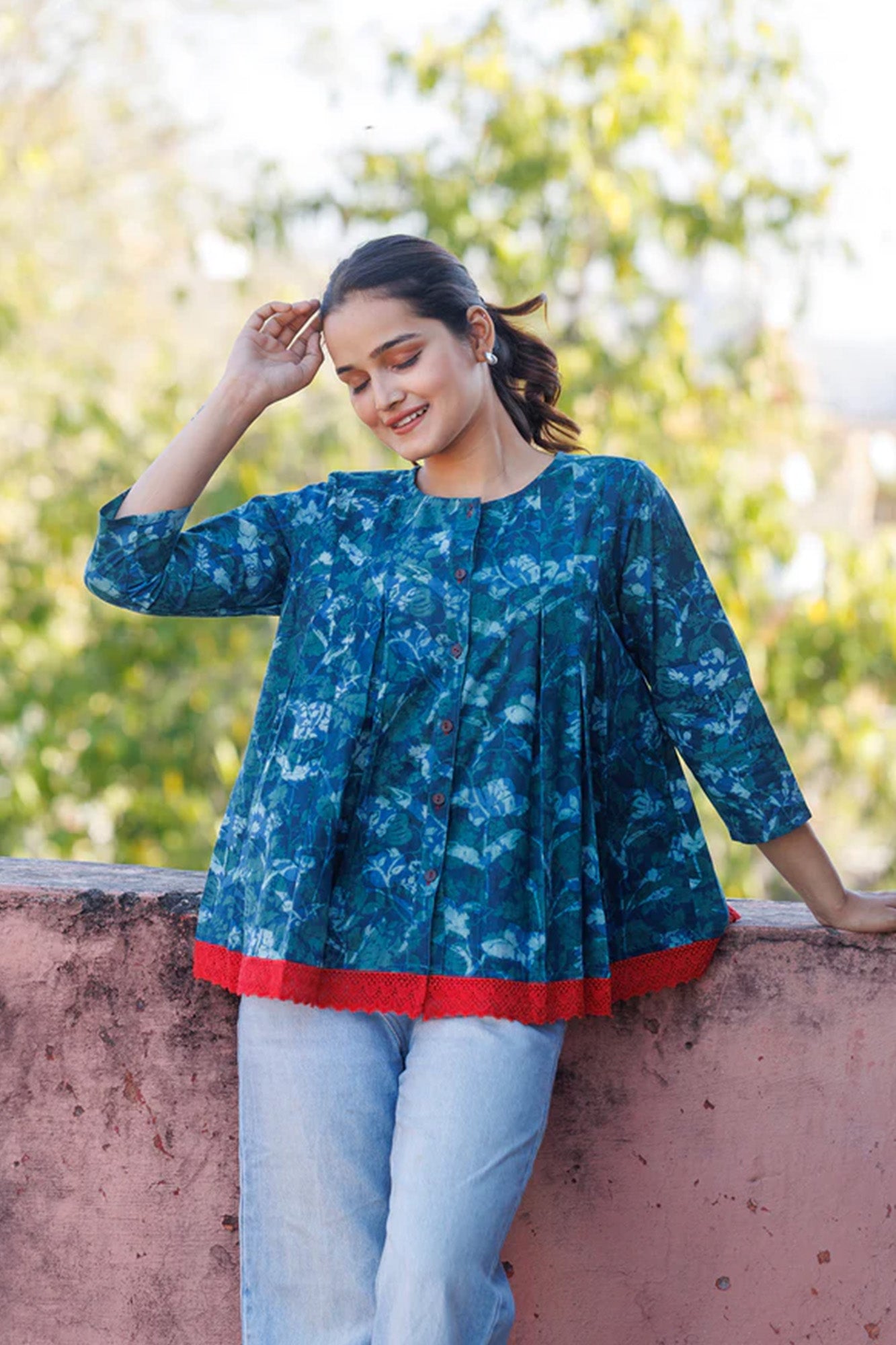 Indigo Box Pleat top