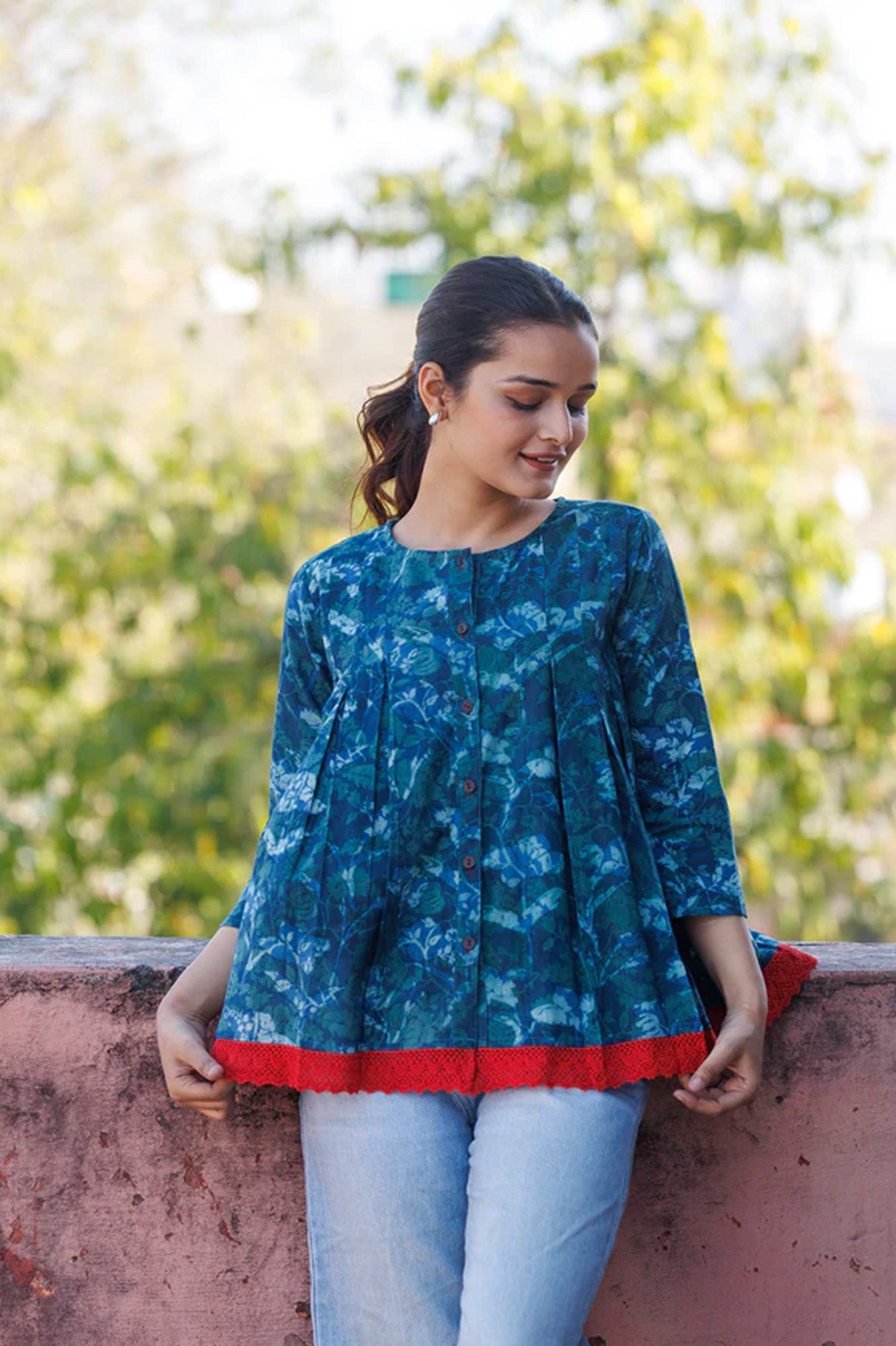 Indigo Box Pleat top