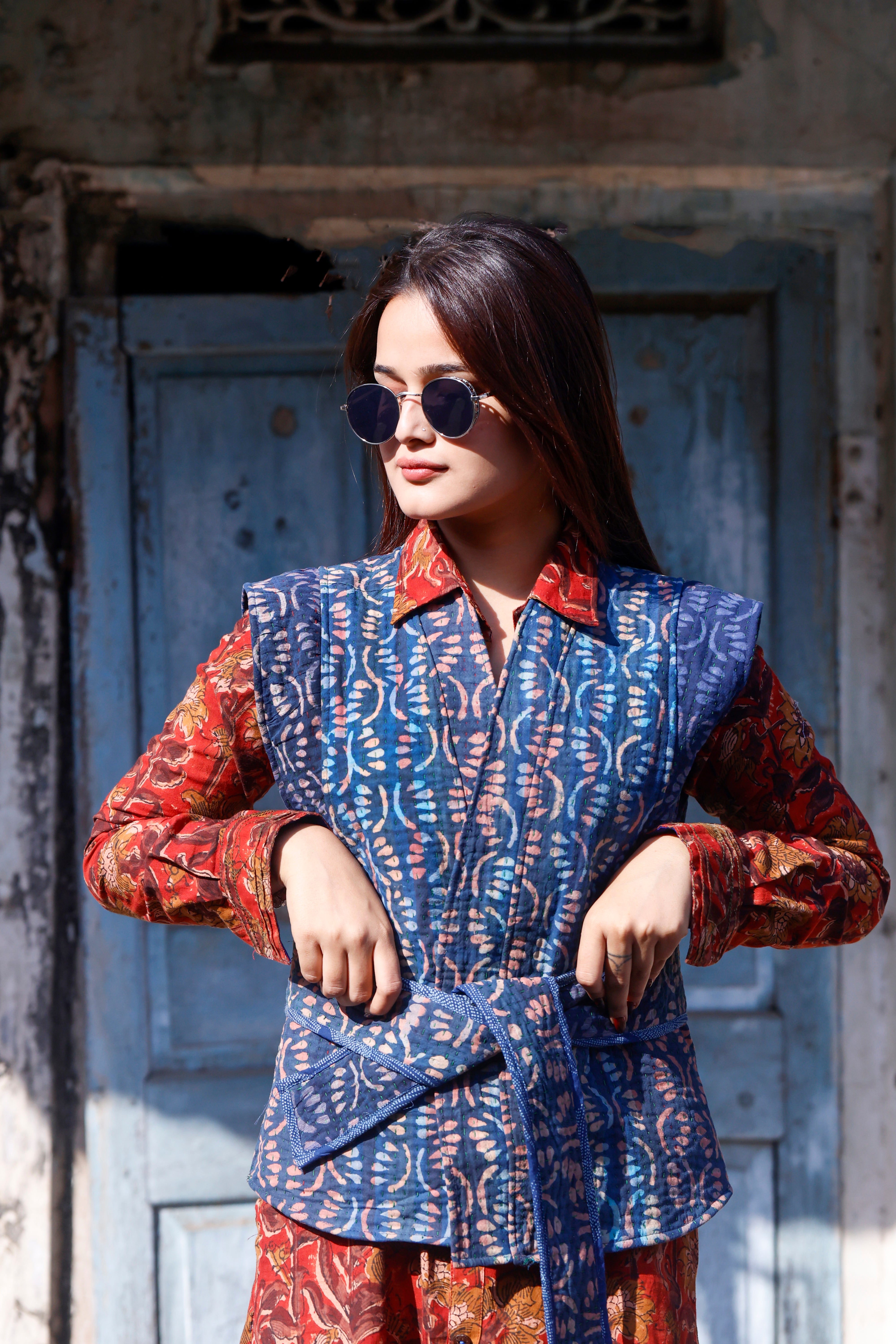 Blue Kantha Sleeveles Jacket
