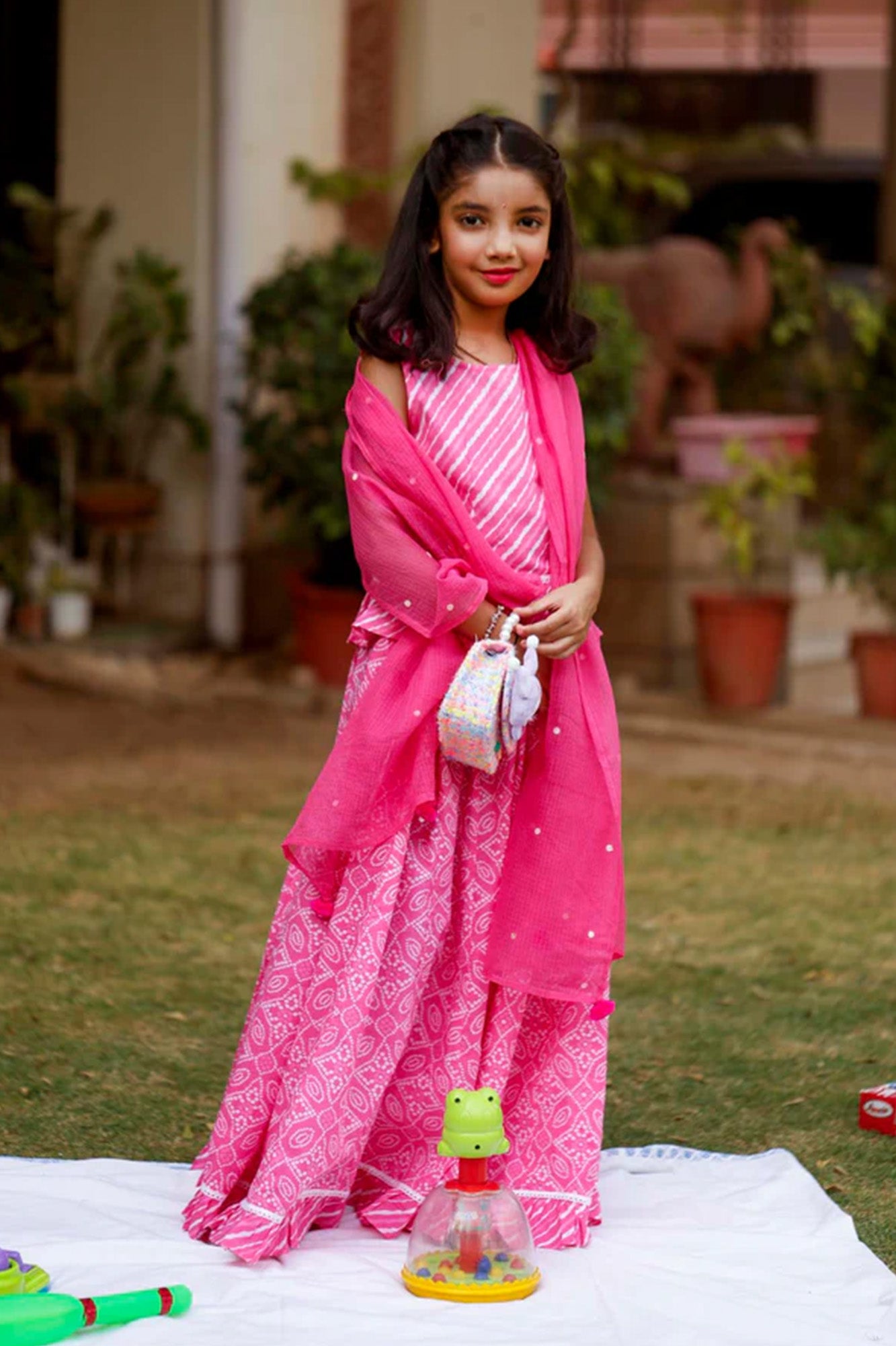 Gulabi Bandhej Girl Lehenga Set of 3