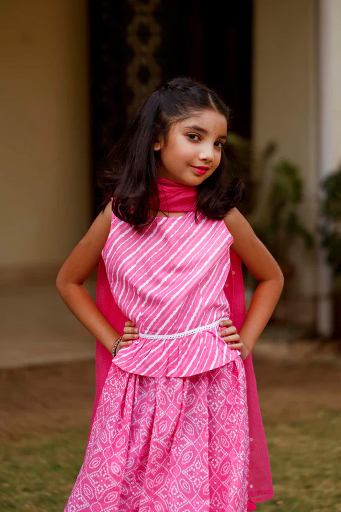 Gulabi Bandhej Girl Lehenga Set of 3