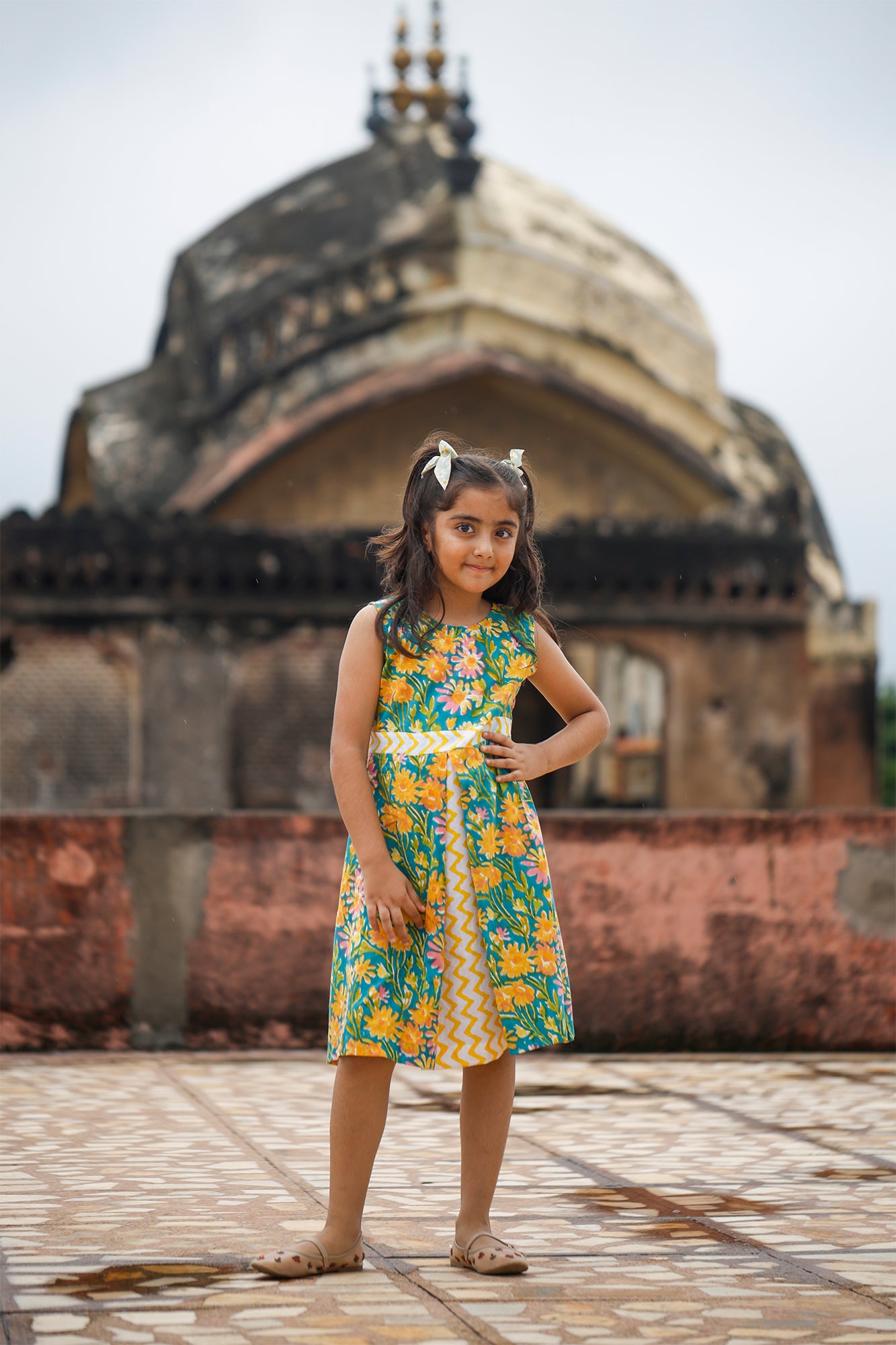 Yellow & Green Jaal Box Pleat Frock