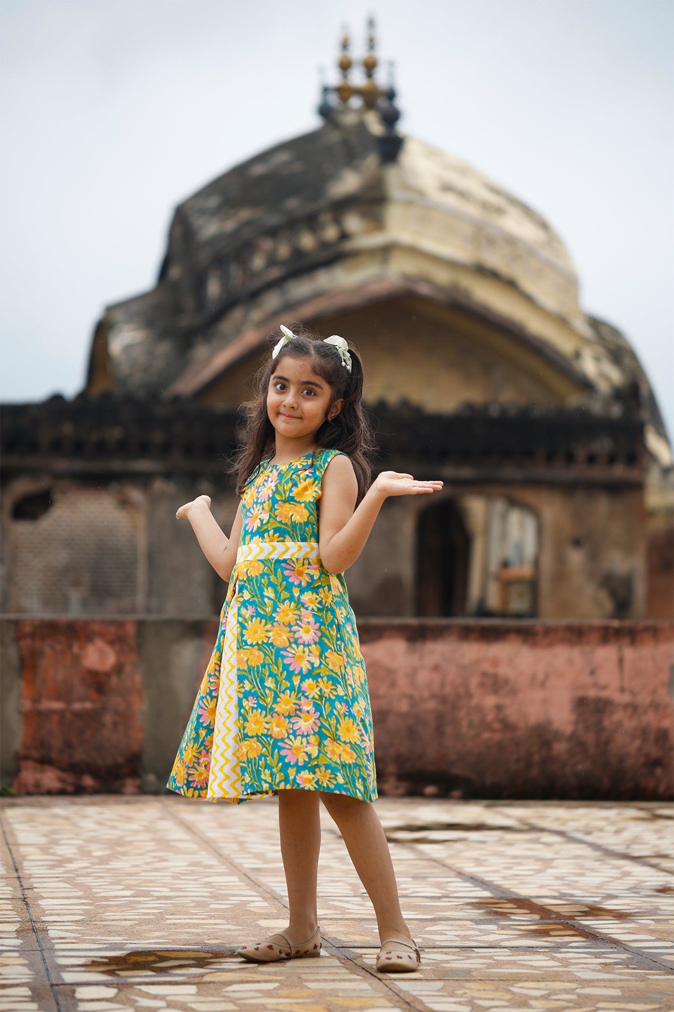 Yellow & Green Jaal Box Pleat Frock