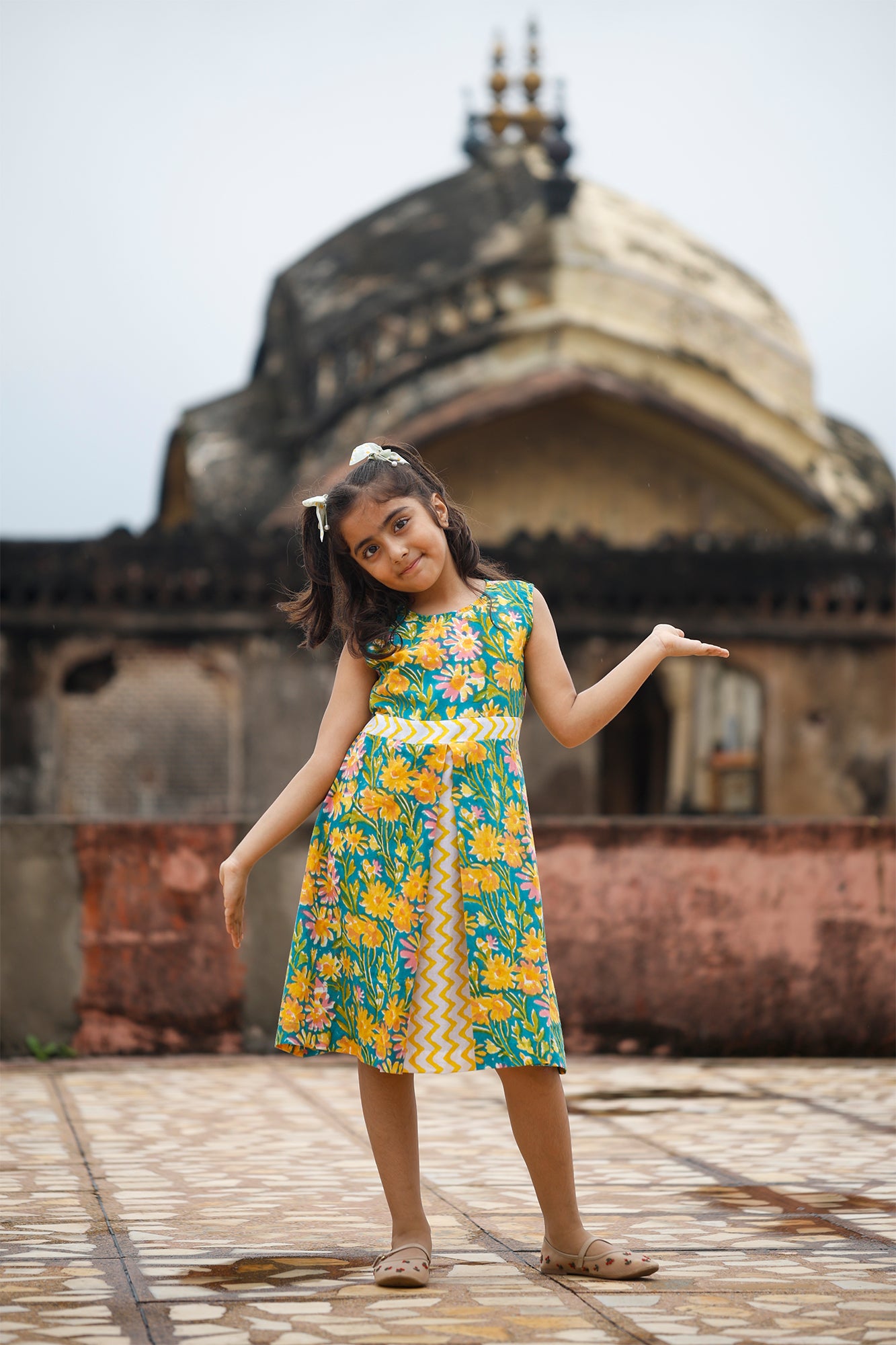 Yellow & Green Jaal Box Pleat Frock