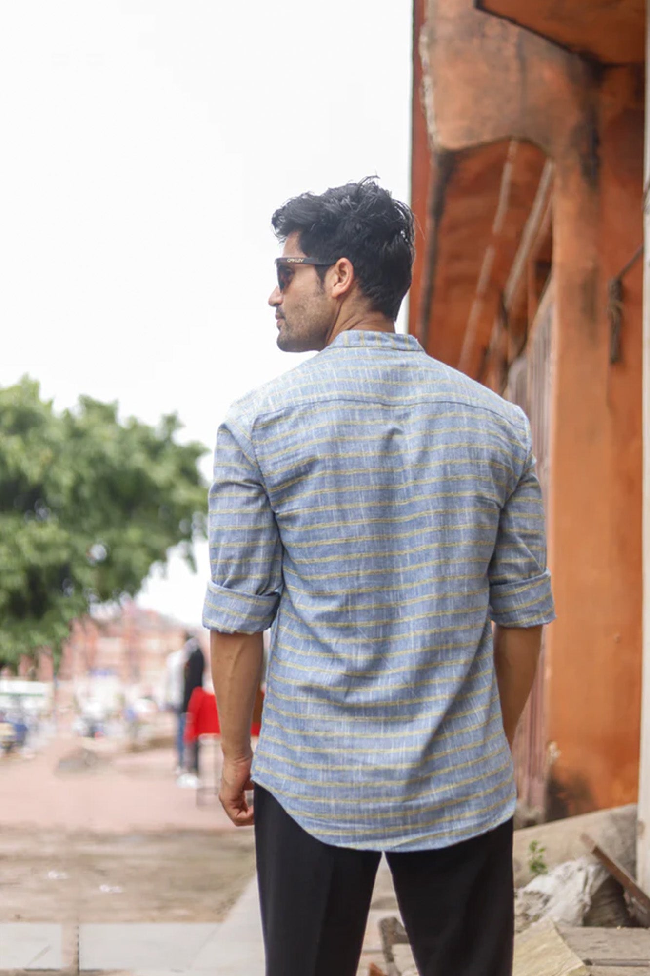 Woven Blue Shirt With Stripes