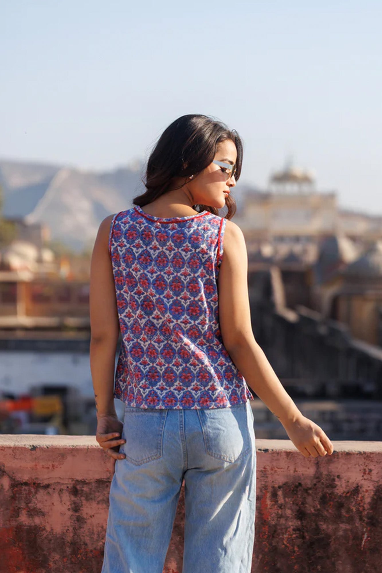 Blue Floral Jaal Sleeveless Top