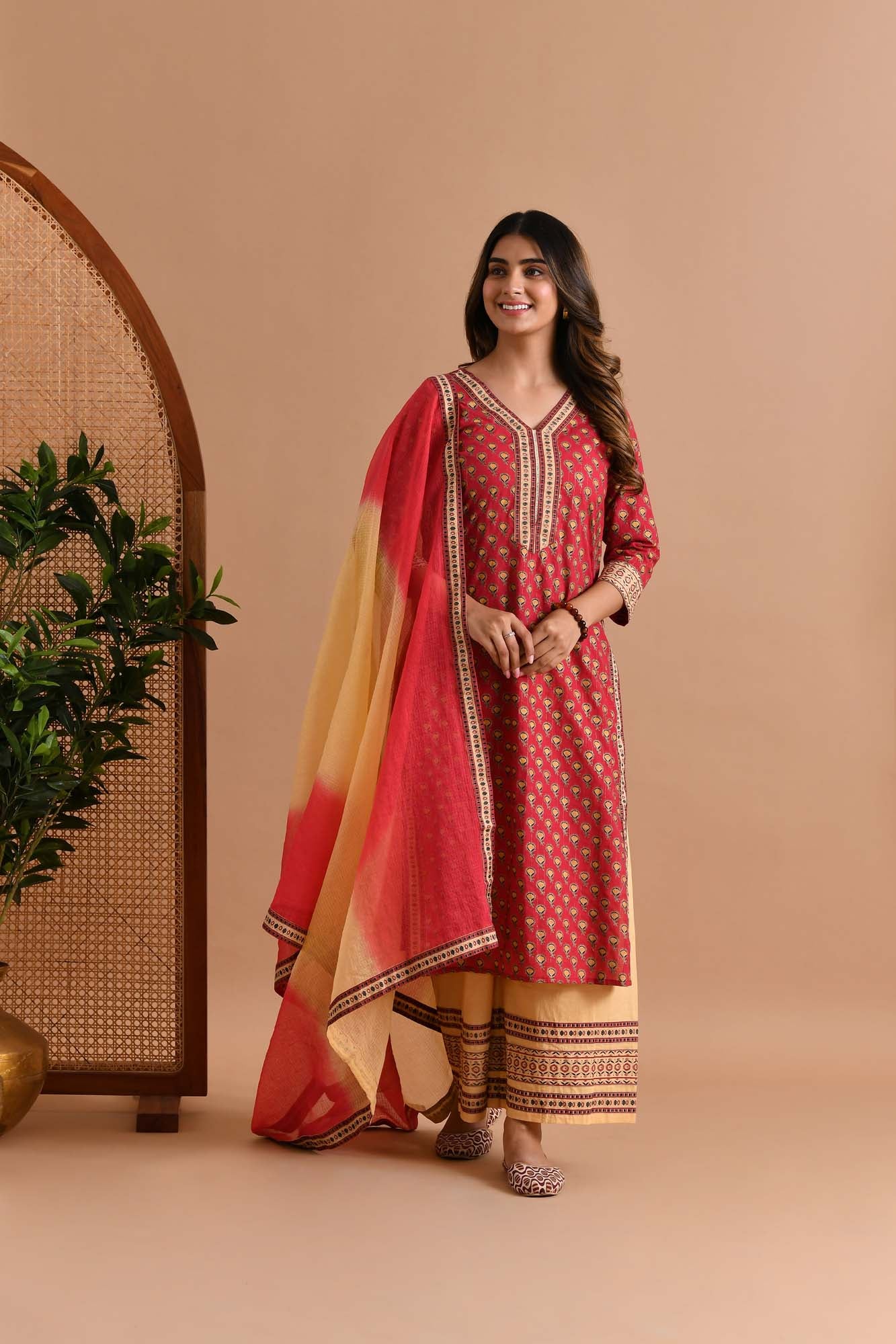 Suit Set Womens Set of 3 "Chandini"  Maroon Hand Block Printed