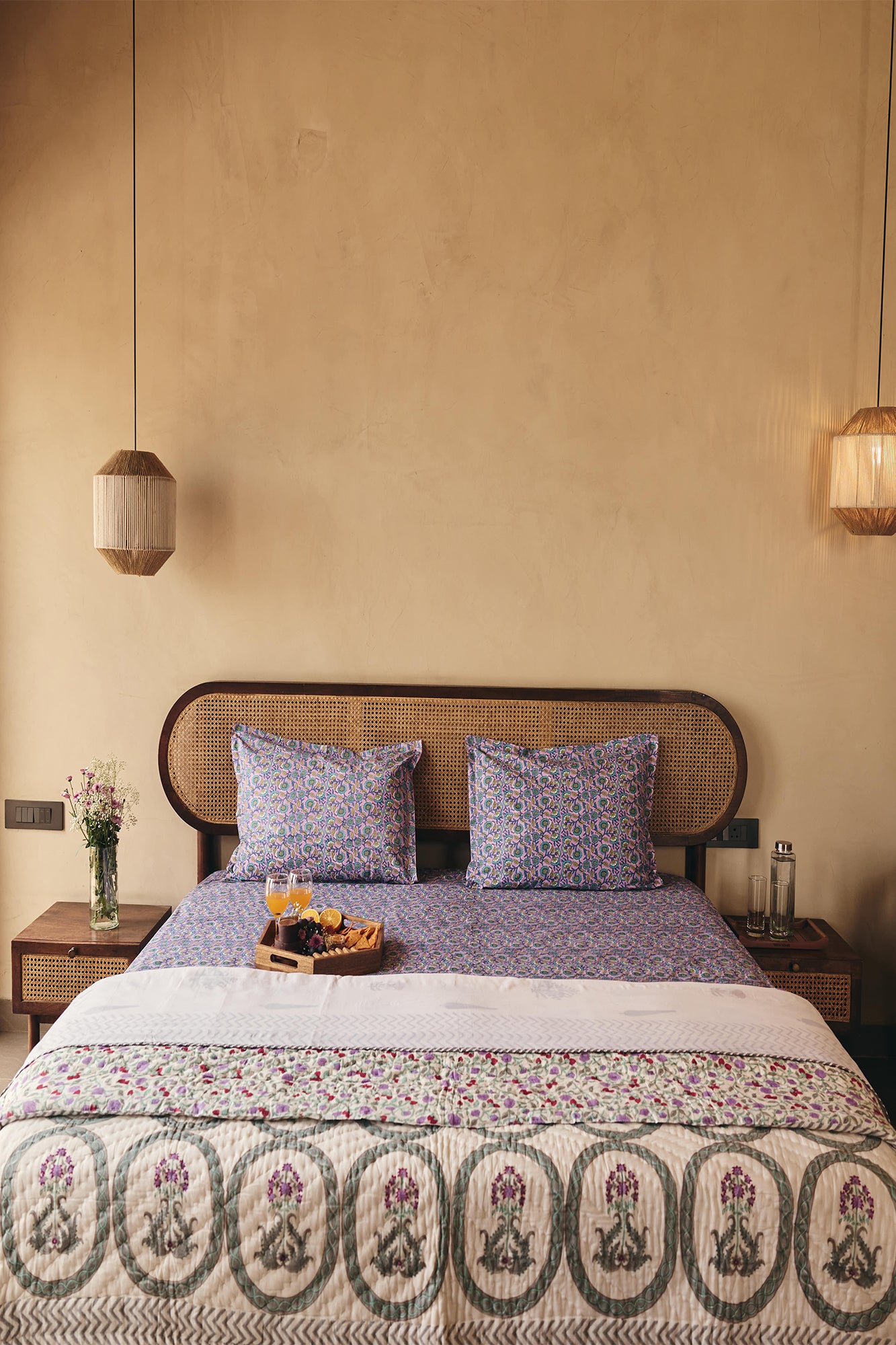Lavender Motifs Bed Cover With 2 Pillow Covers