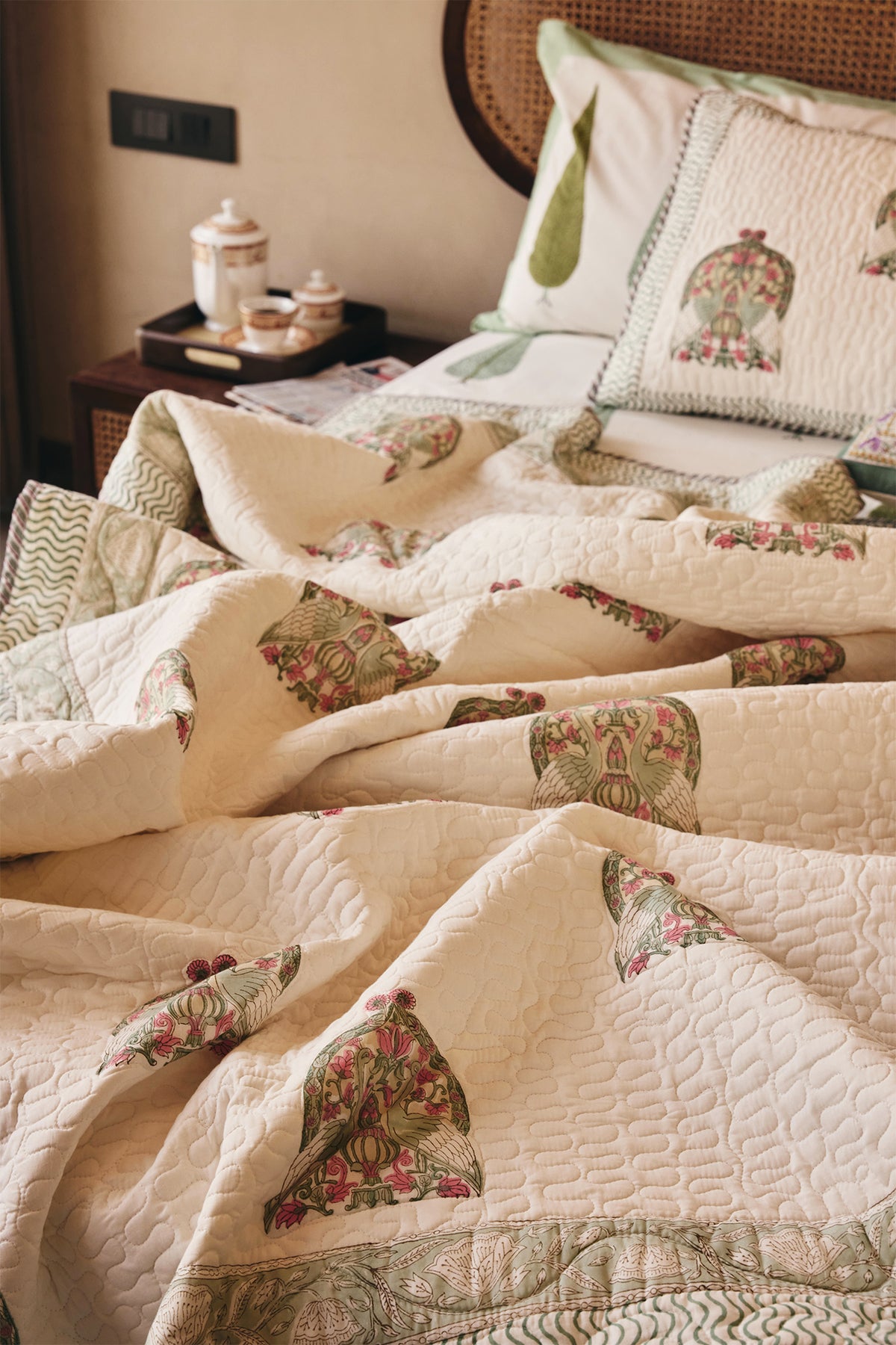 Crane Couple Quilted Bed Cover With 2 Pillow Covers