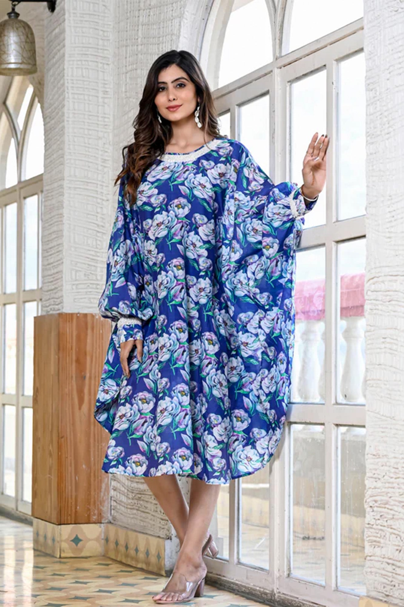 Dress Womens Rose Blue Silk Digital Printed