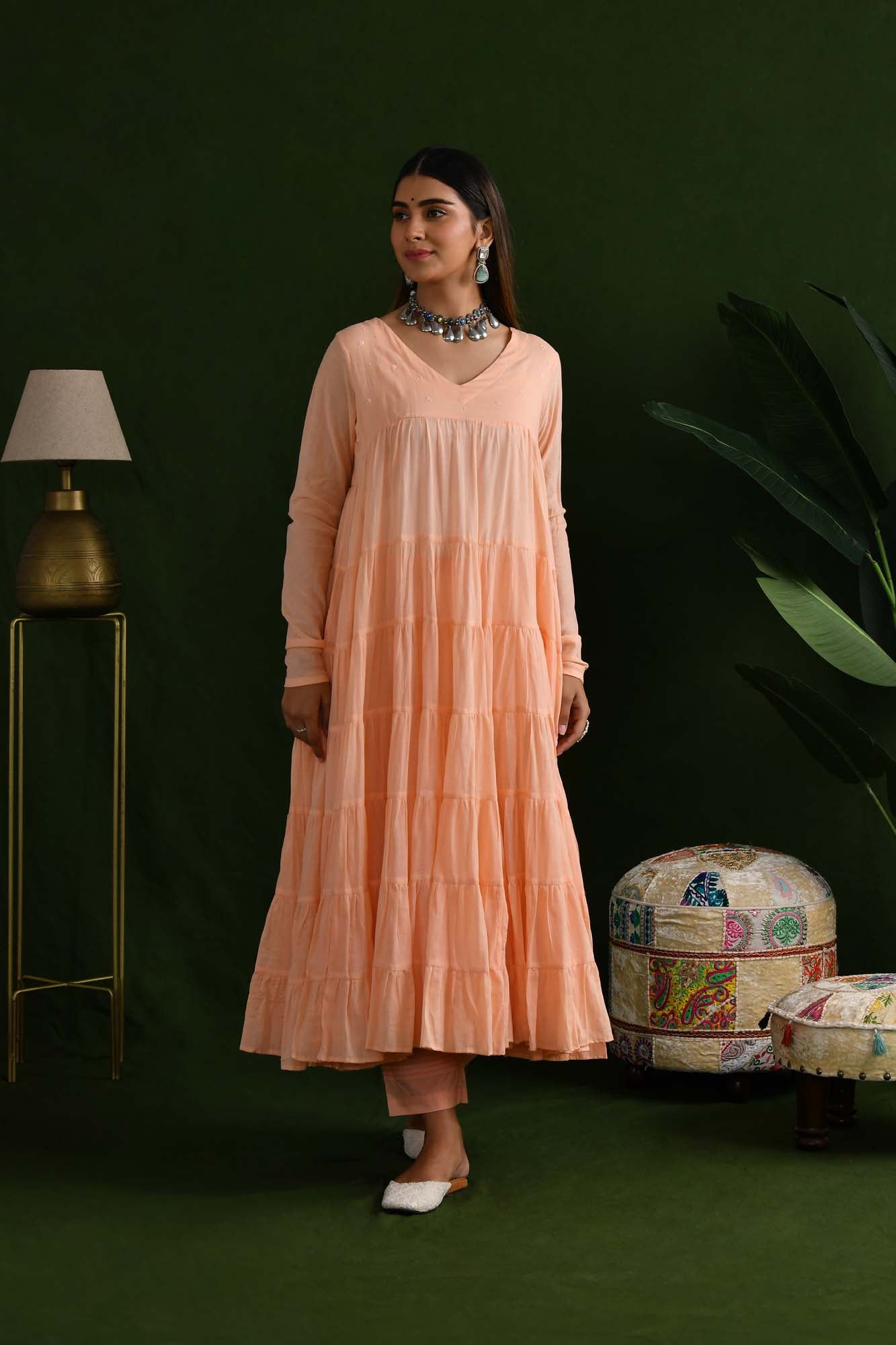 Peach Peony Love Tier Anarkali Suit Set