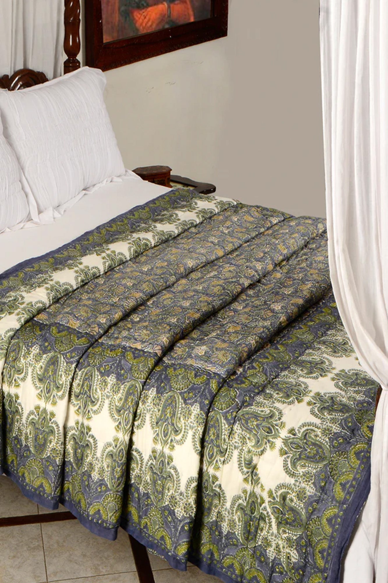 Green Block Printed Razai