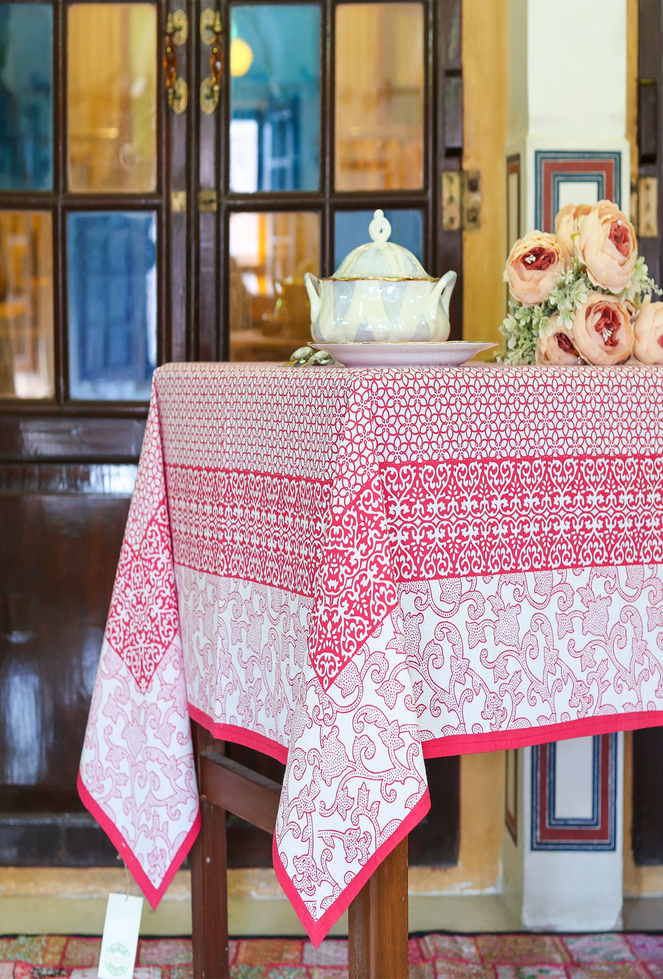 Table Cover Block Printed Pink