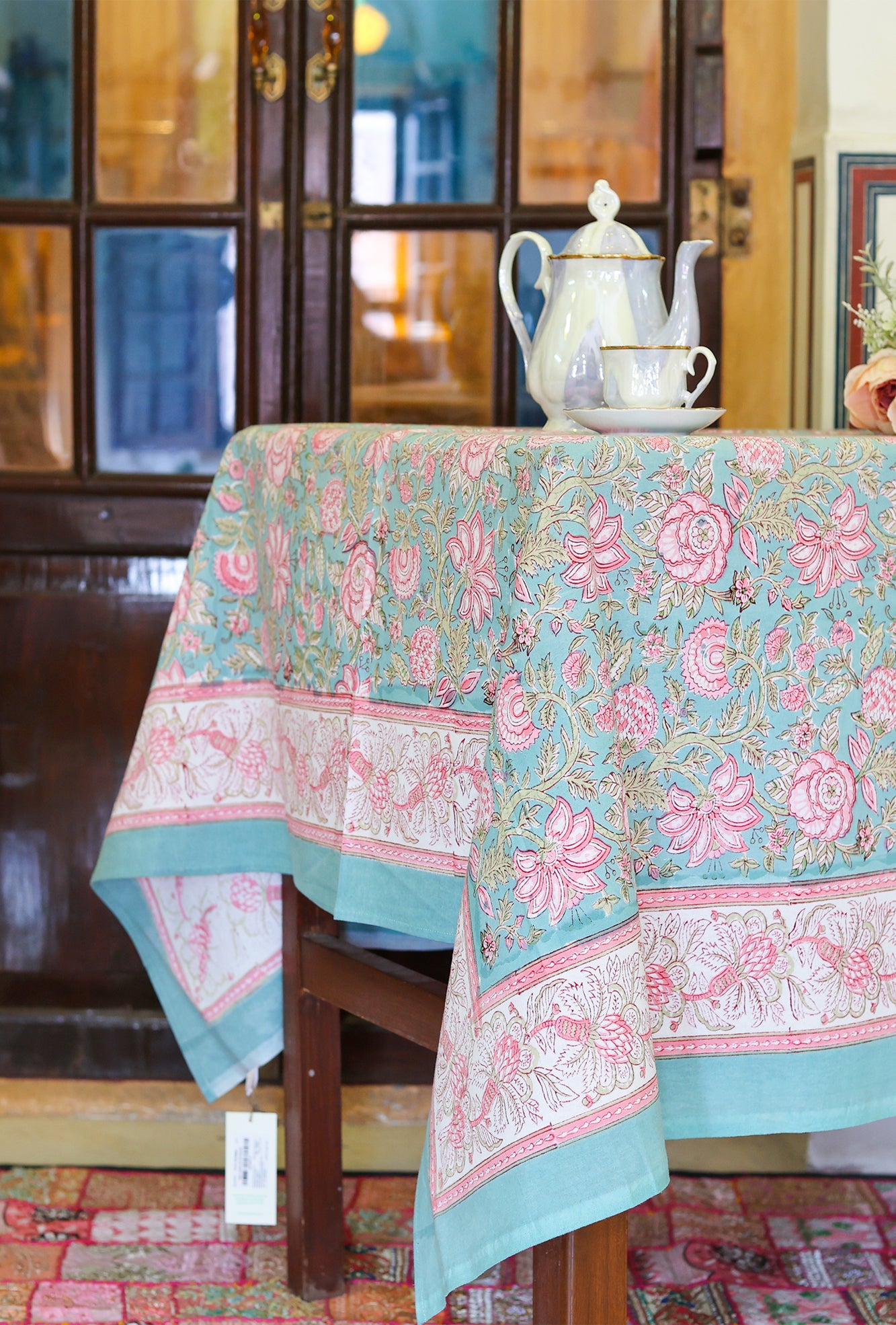 Table Cover Block Printed Cyan Pink