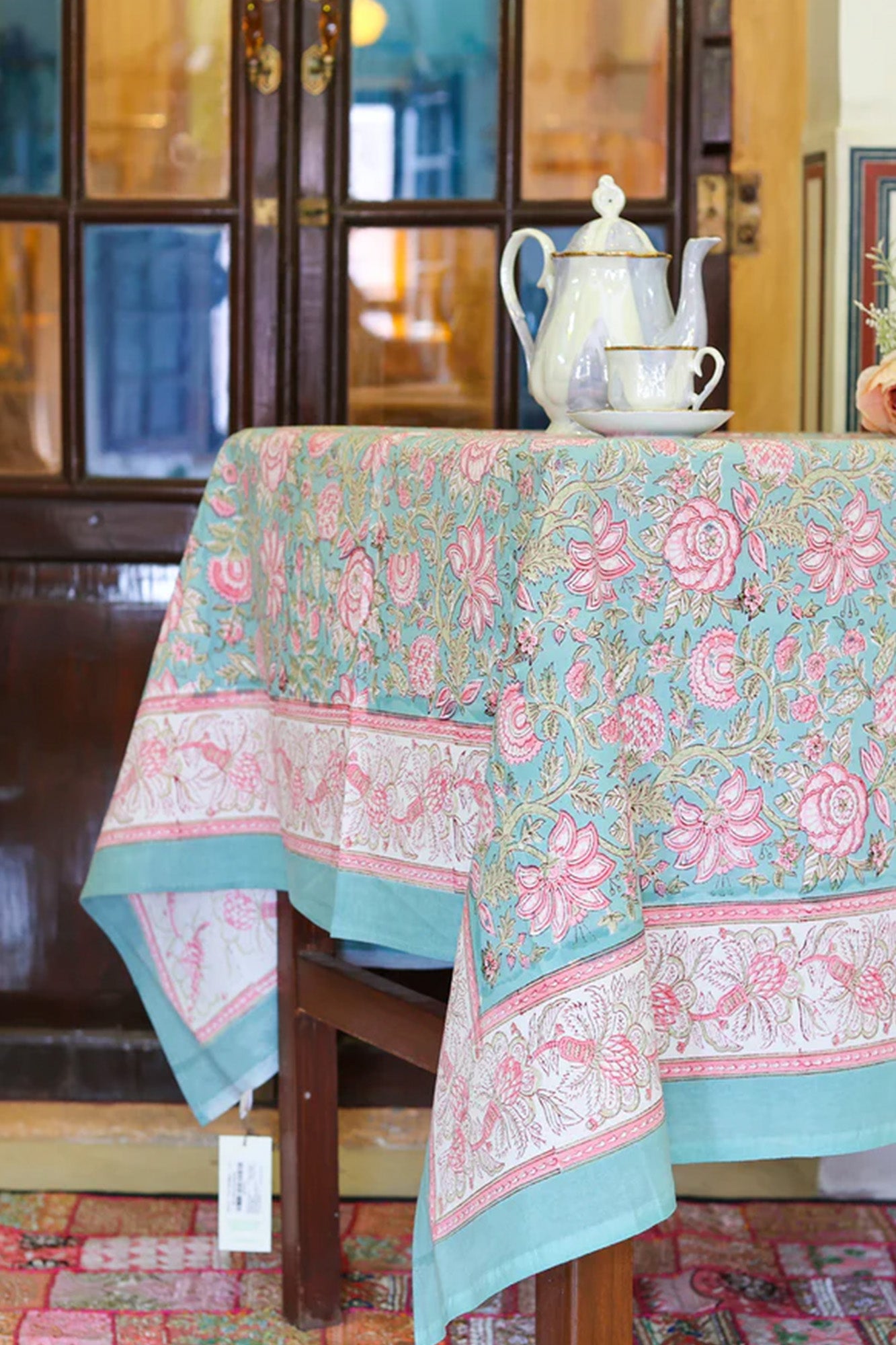 Table Cover Block Printed Cyan Pink