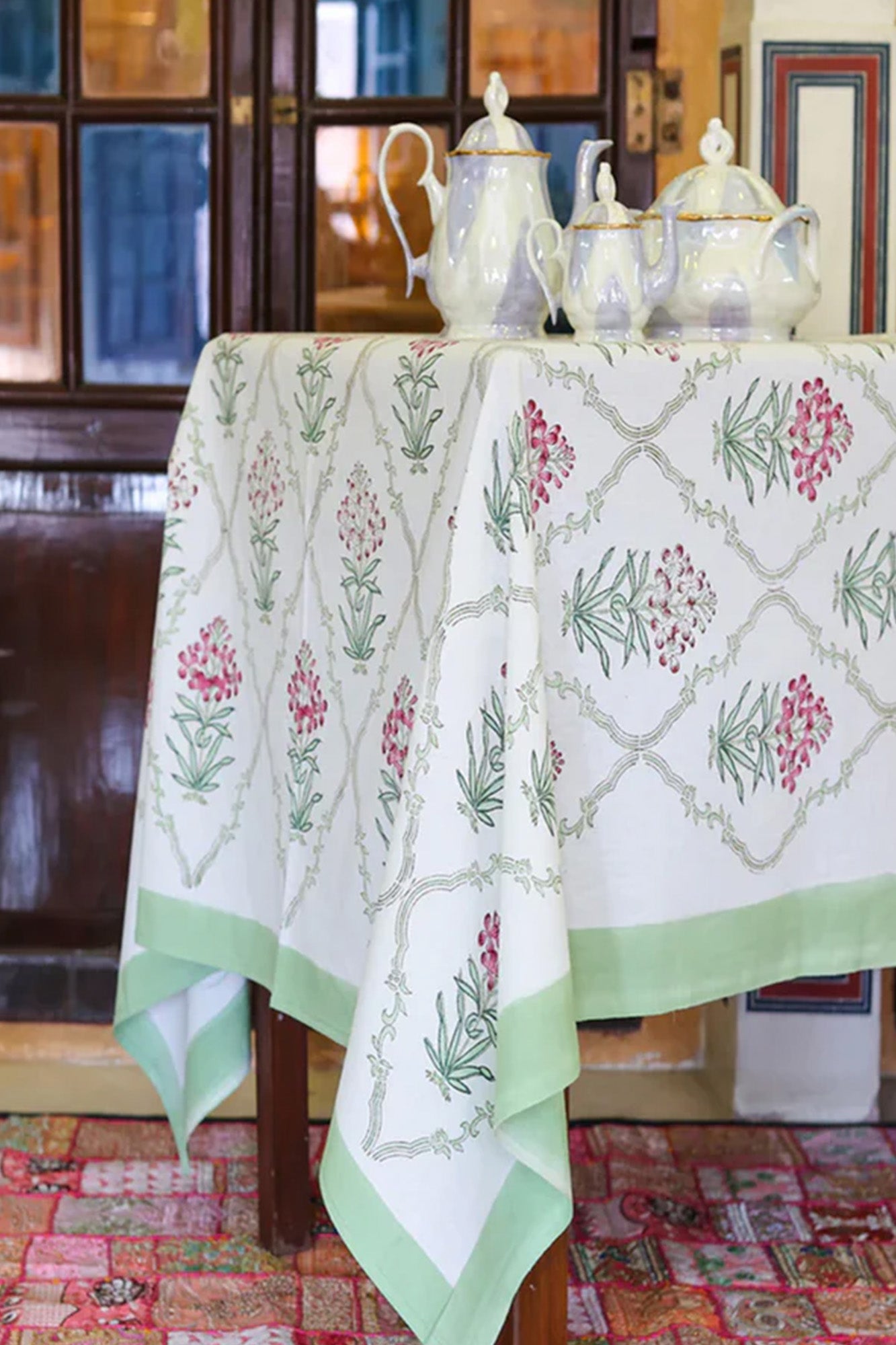 Table Cover Block Printed Green Pink