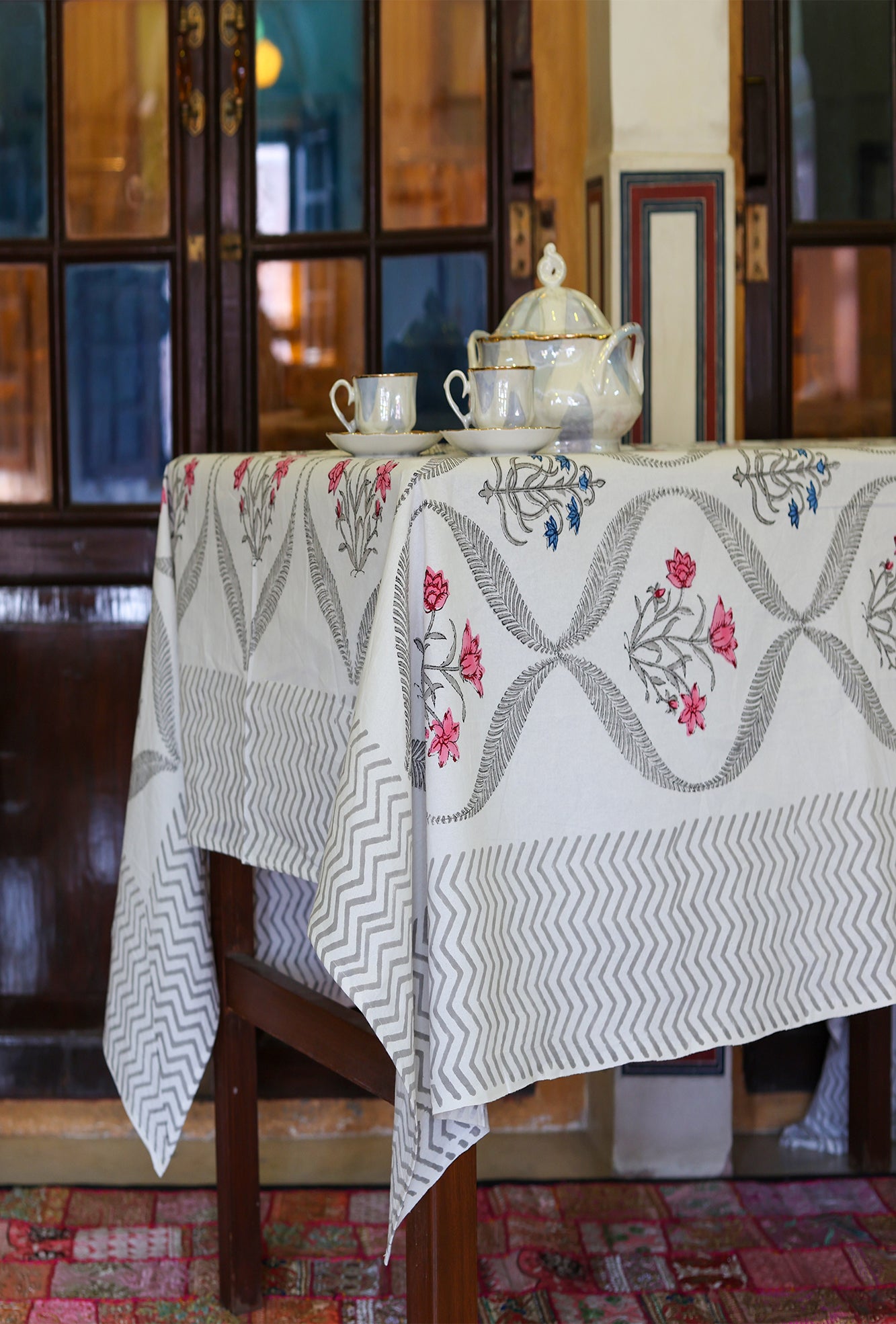 Table Cover Block Printed Grey Pink