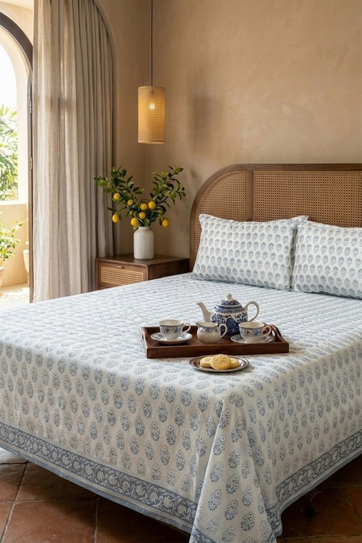Block Motifs Aqua Bed Sheet With Pillow