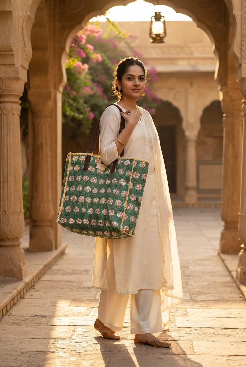 Green Pomegranate Quilted  Reversible Tote Bag