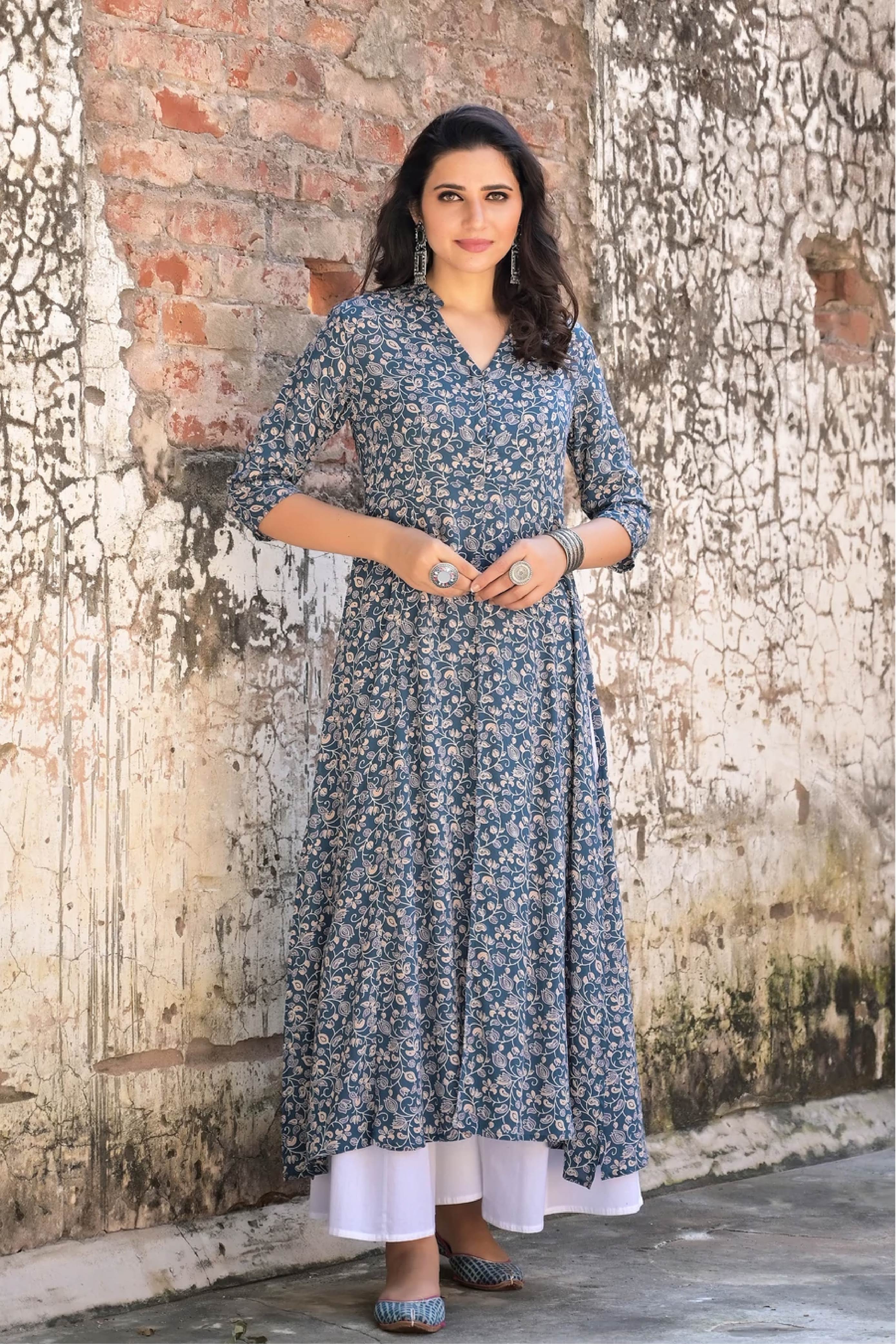 Kurta Long Women Floral Blue