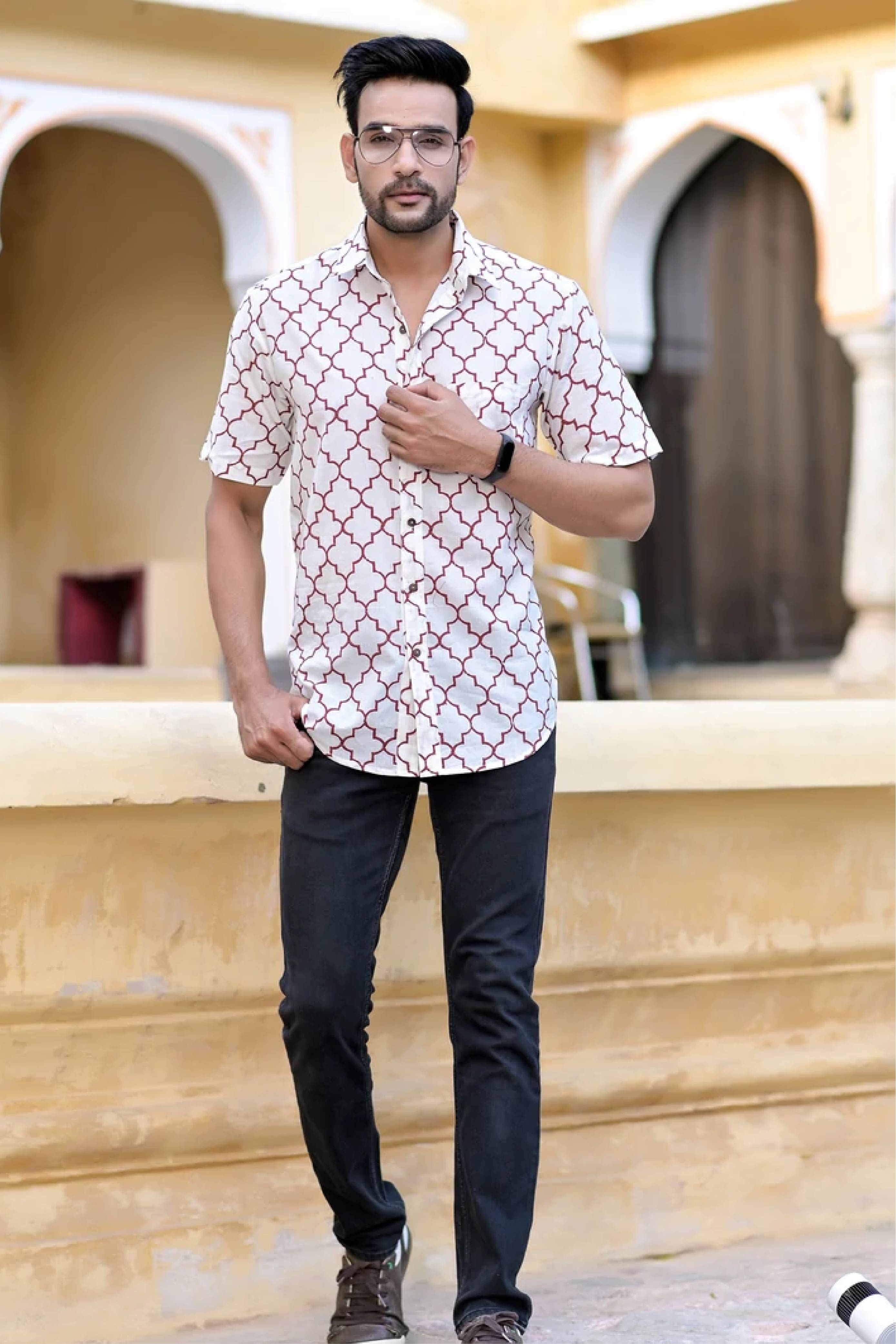 Men Half Sleeve Shirt Moroccan Red