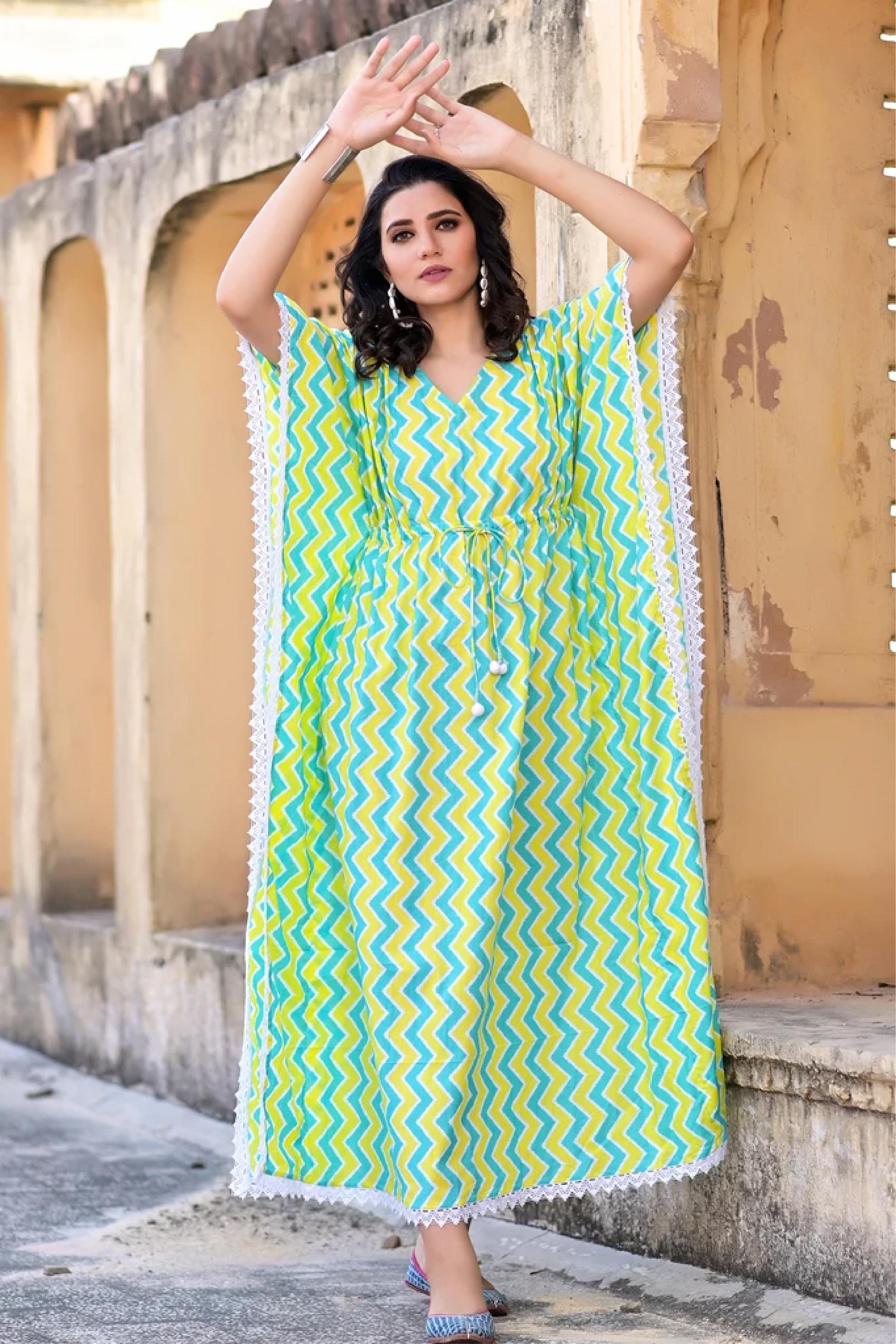 Women Long Kaftan Green Chevron