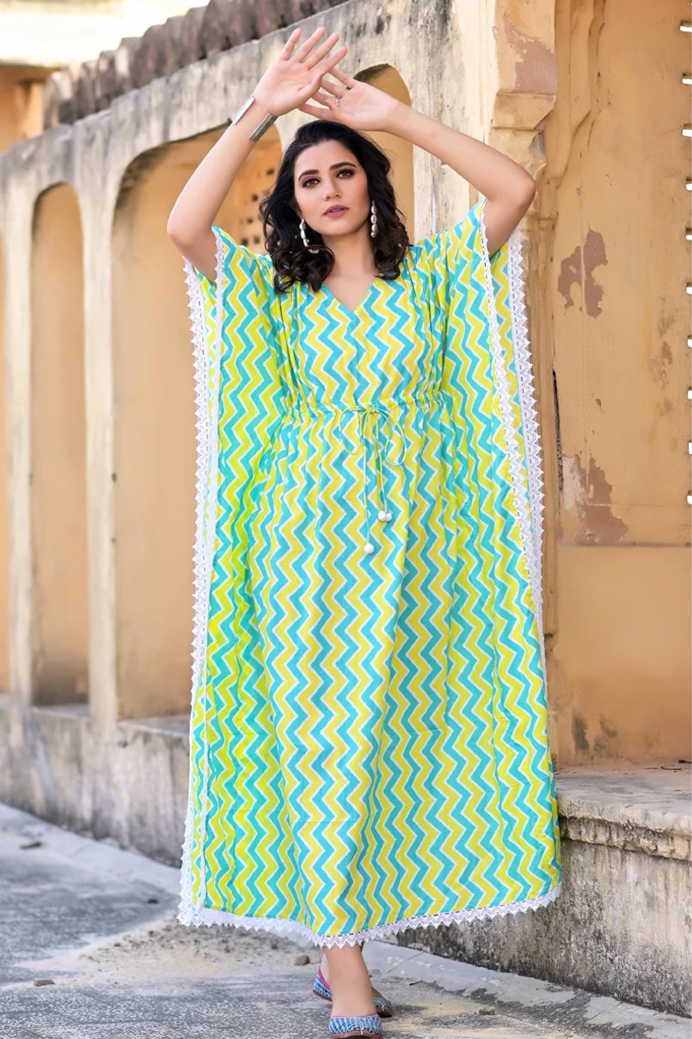 Kaftan Long Women Chevron Green