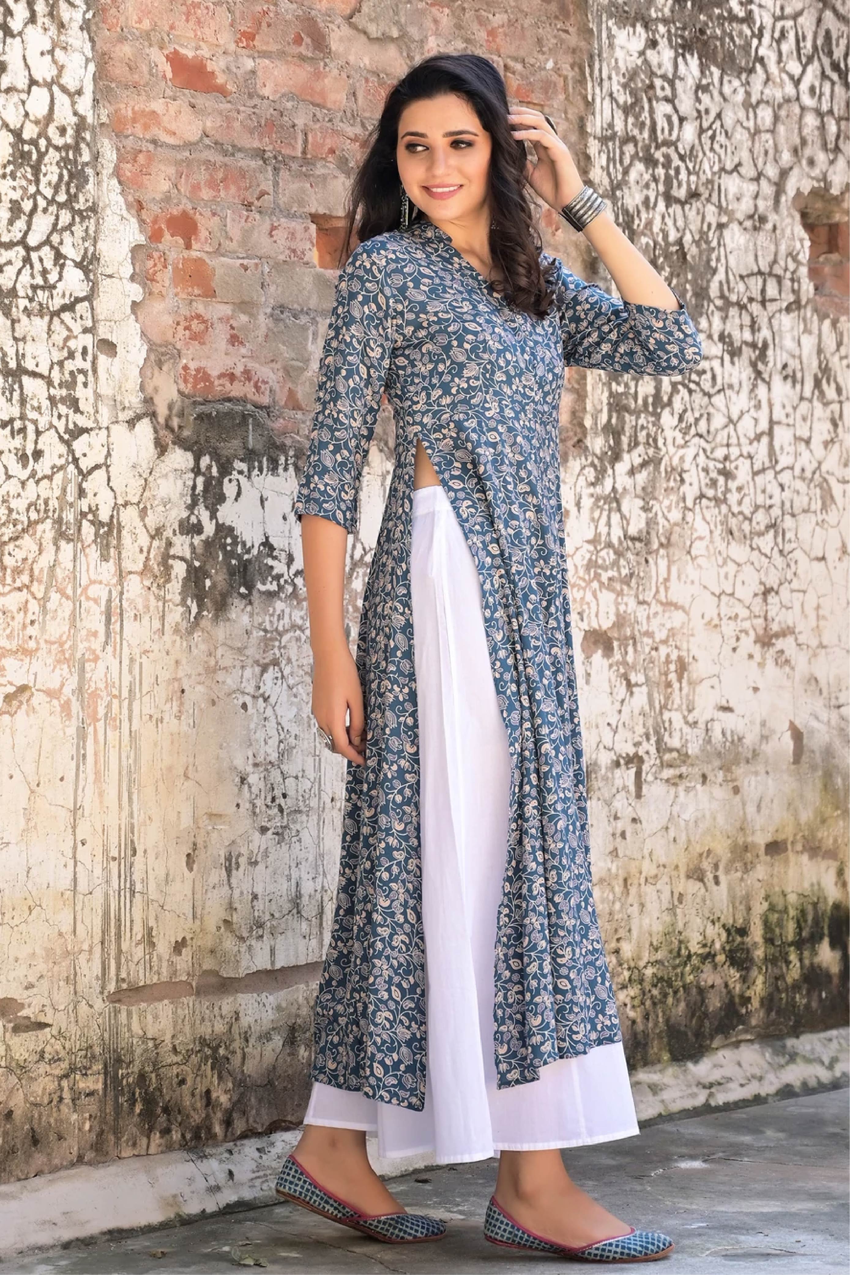 Kurta Long Women Floral Blue