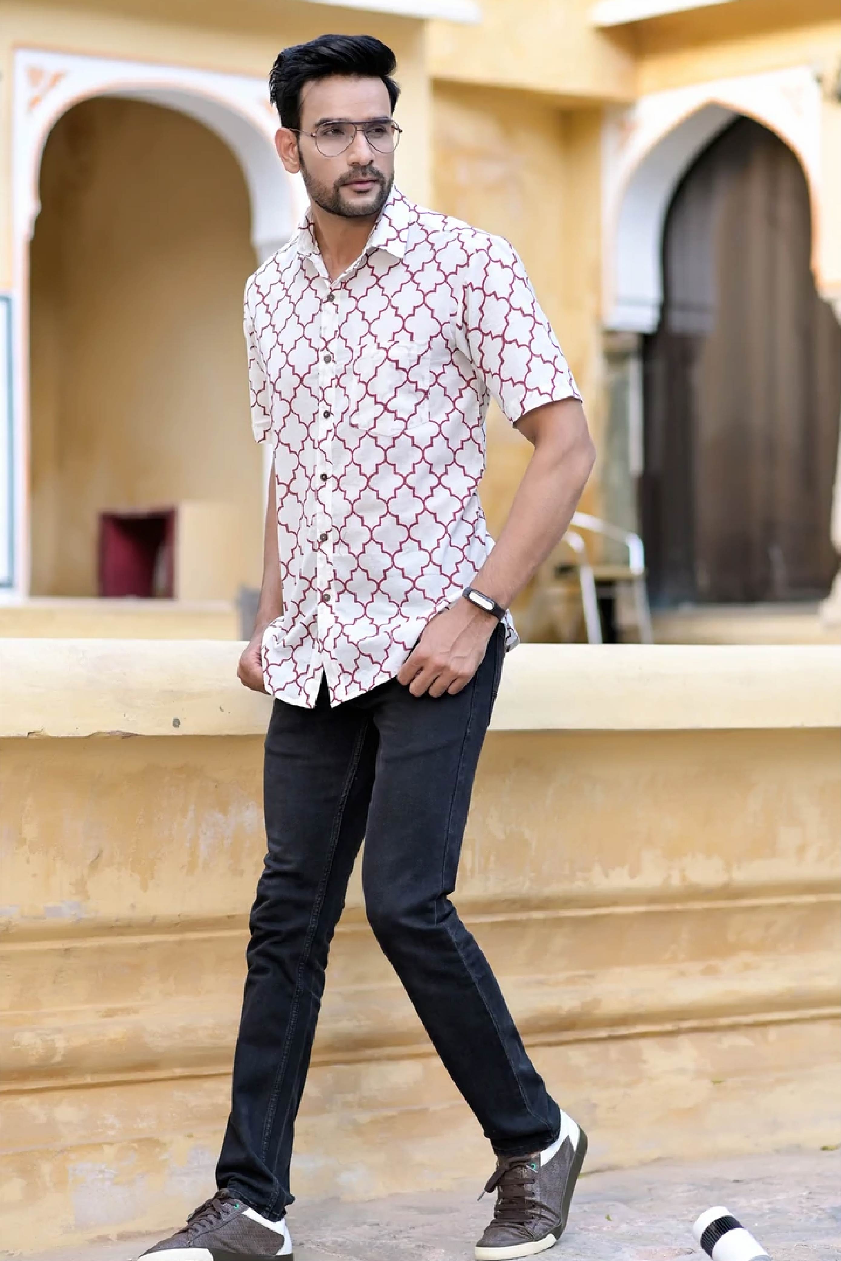 Men Half Sleeve Shirt Moroccan Red