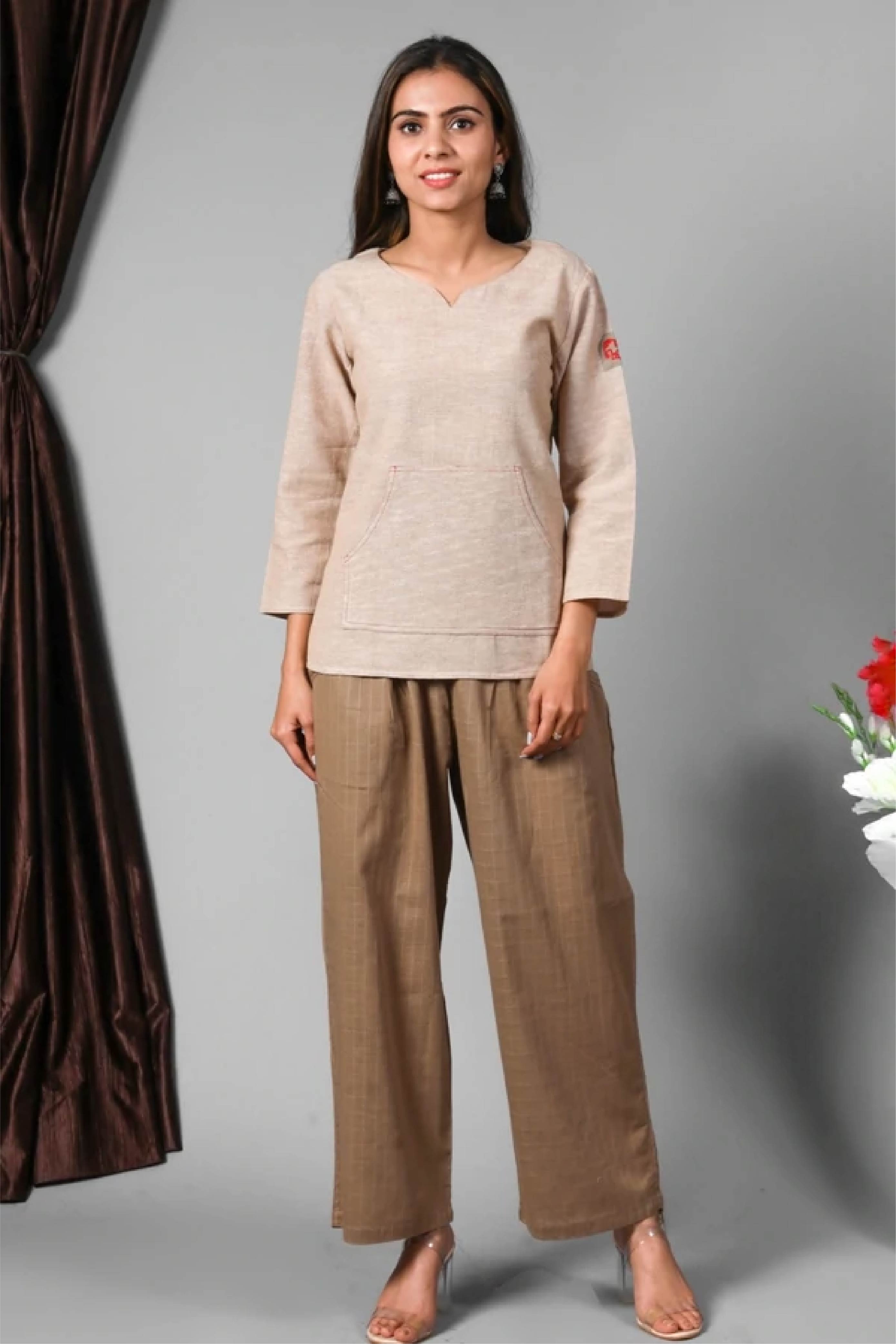 Women Pant-Broad Belt Self Checkered