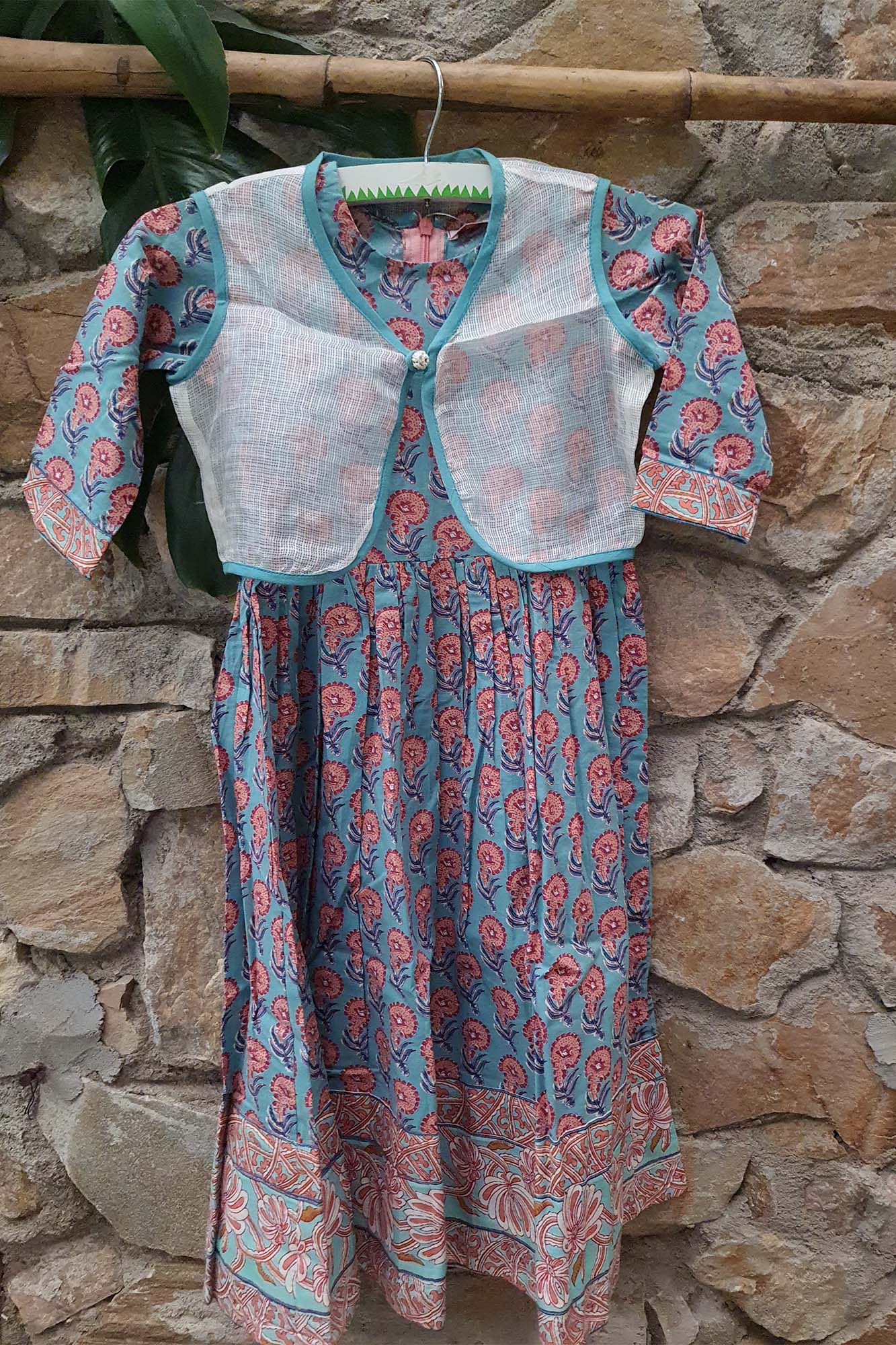 Girls Orange Booti Frock With Doria Jacket