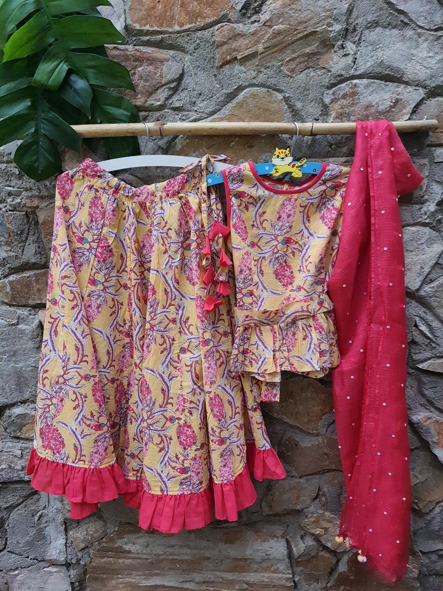 Girl Yello Jaal Lehenga Choli Set-Set Of 3