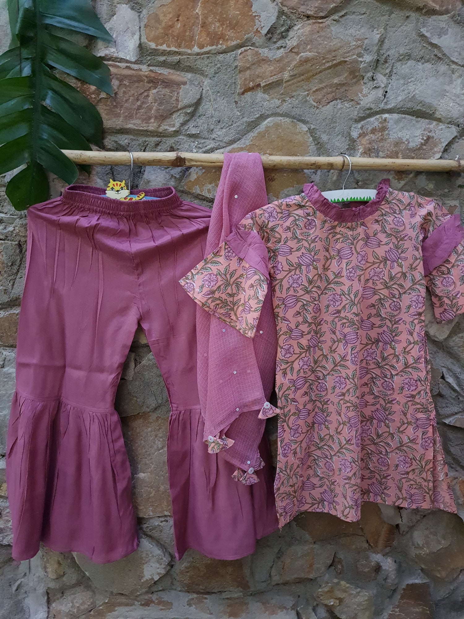 Girl Onion Pink Jaal Sharara Set-Set Of 3