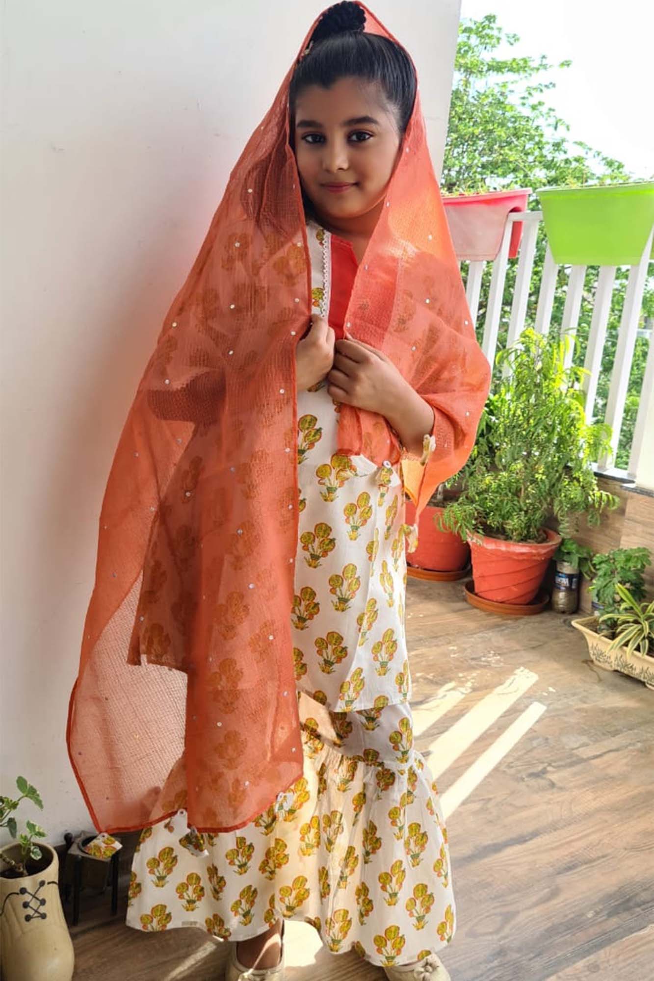 Girls Orange Sharara Set - Set of 3