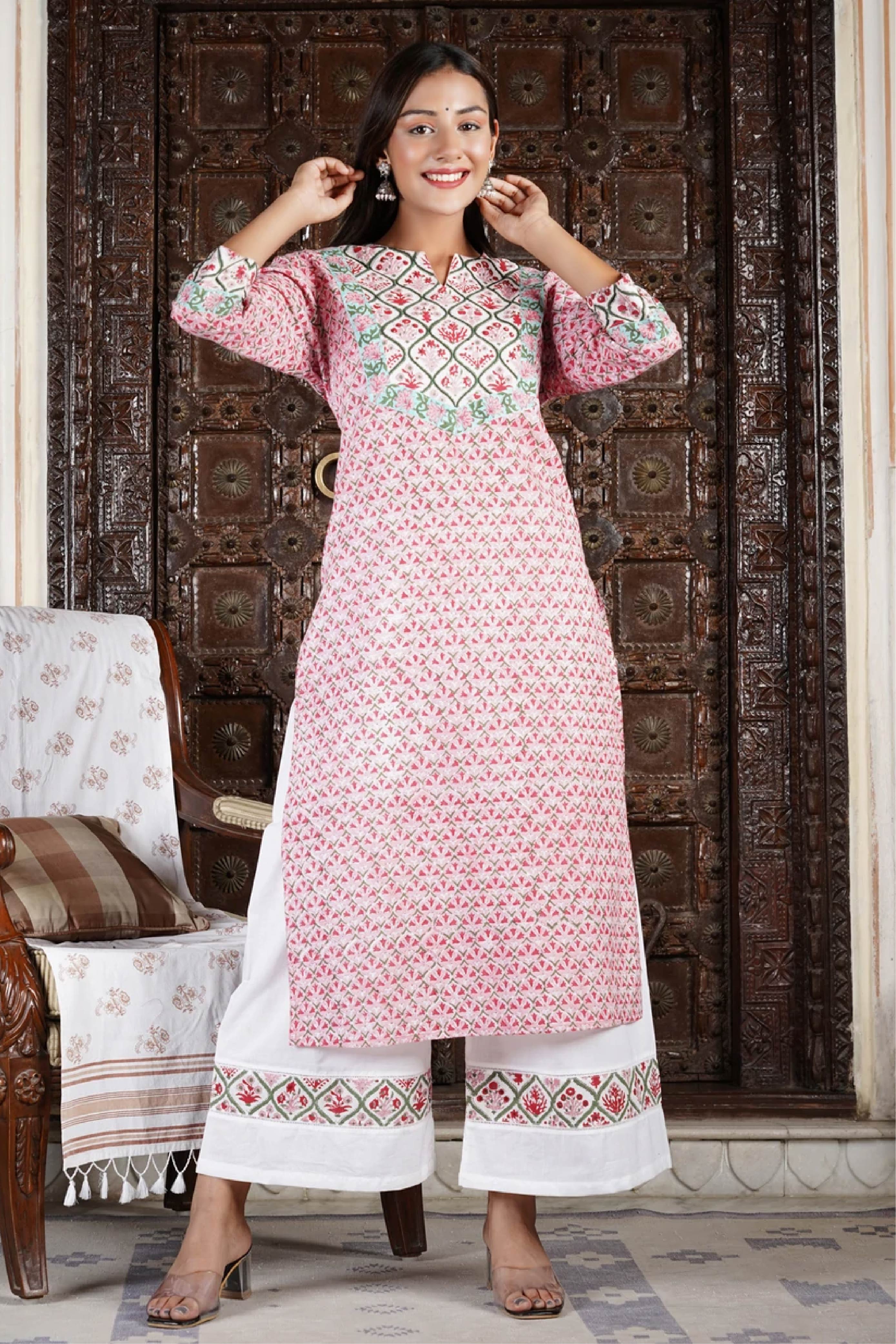 Women Pink Moroccan Yoke Kurta With Pant