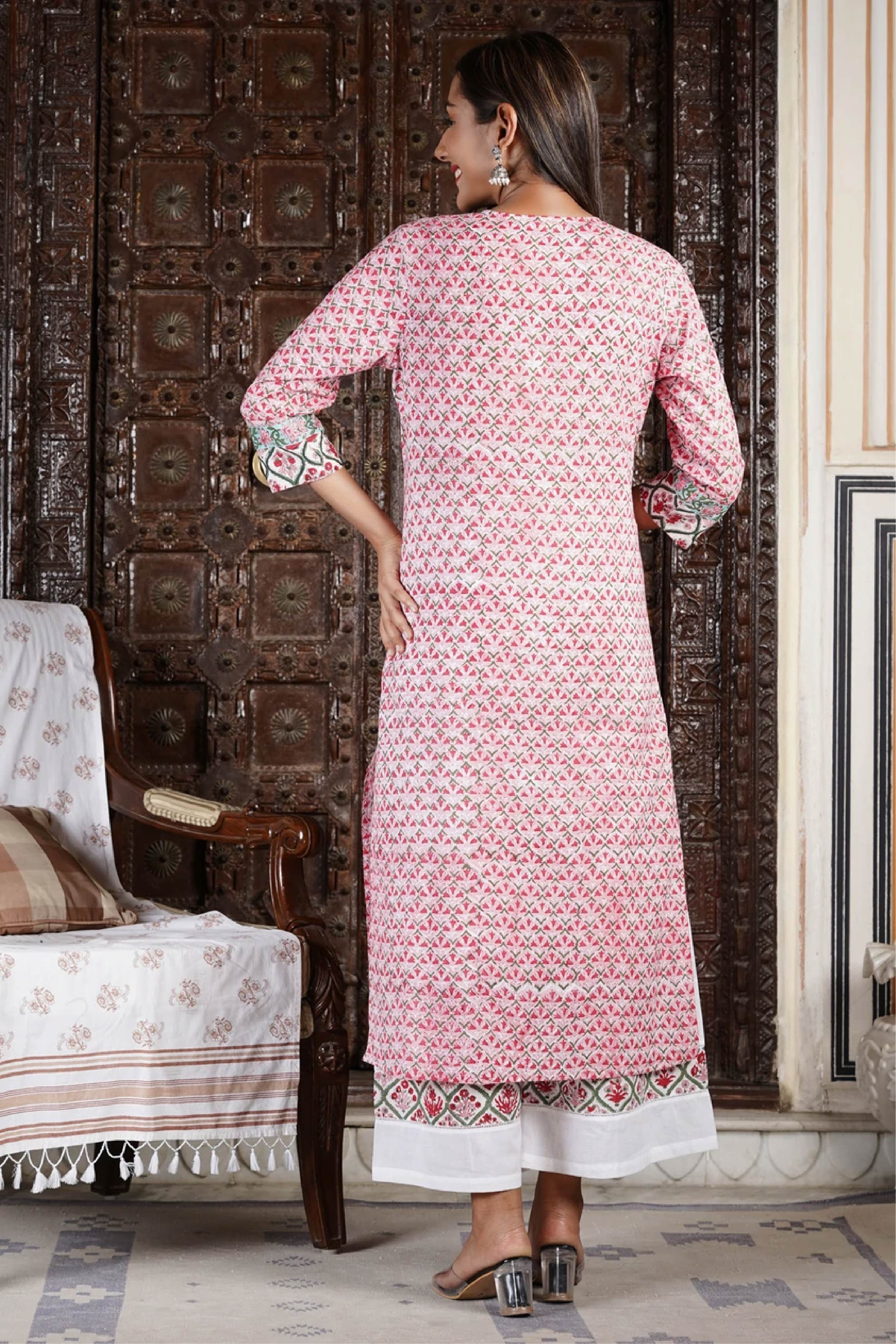 Women Pink Moroccan Yoke Kurta With Pant