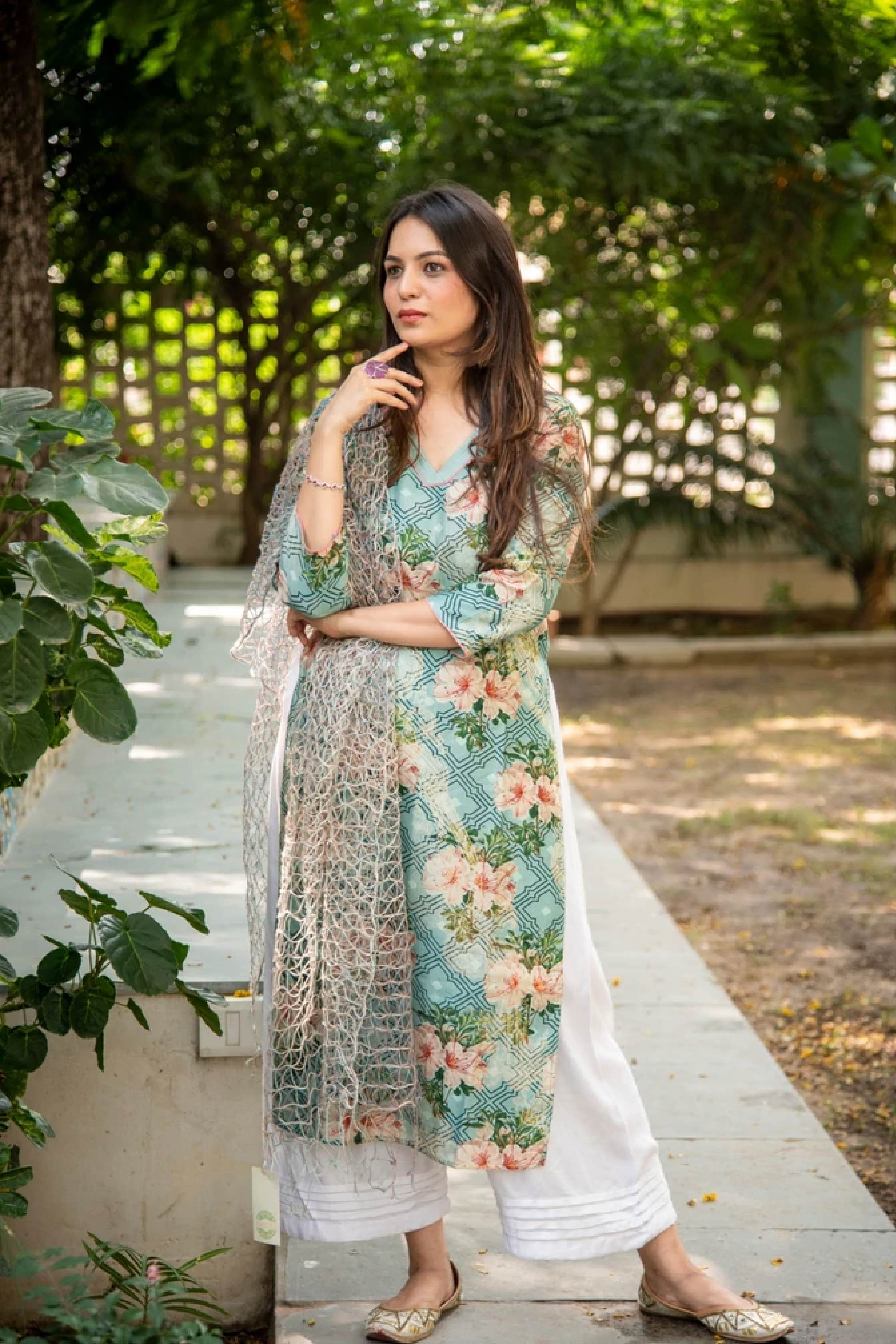 Silk Floral Straight Kurti