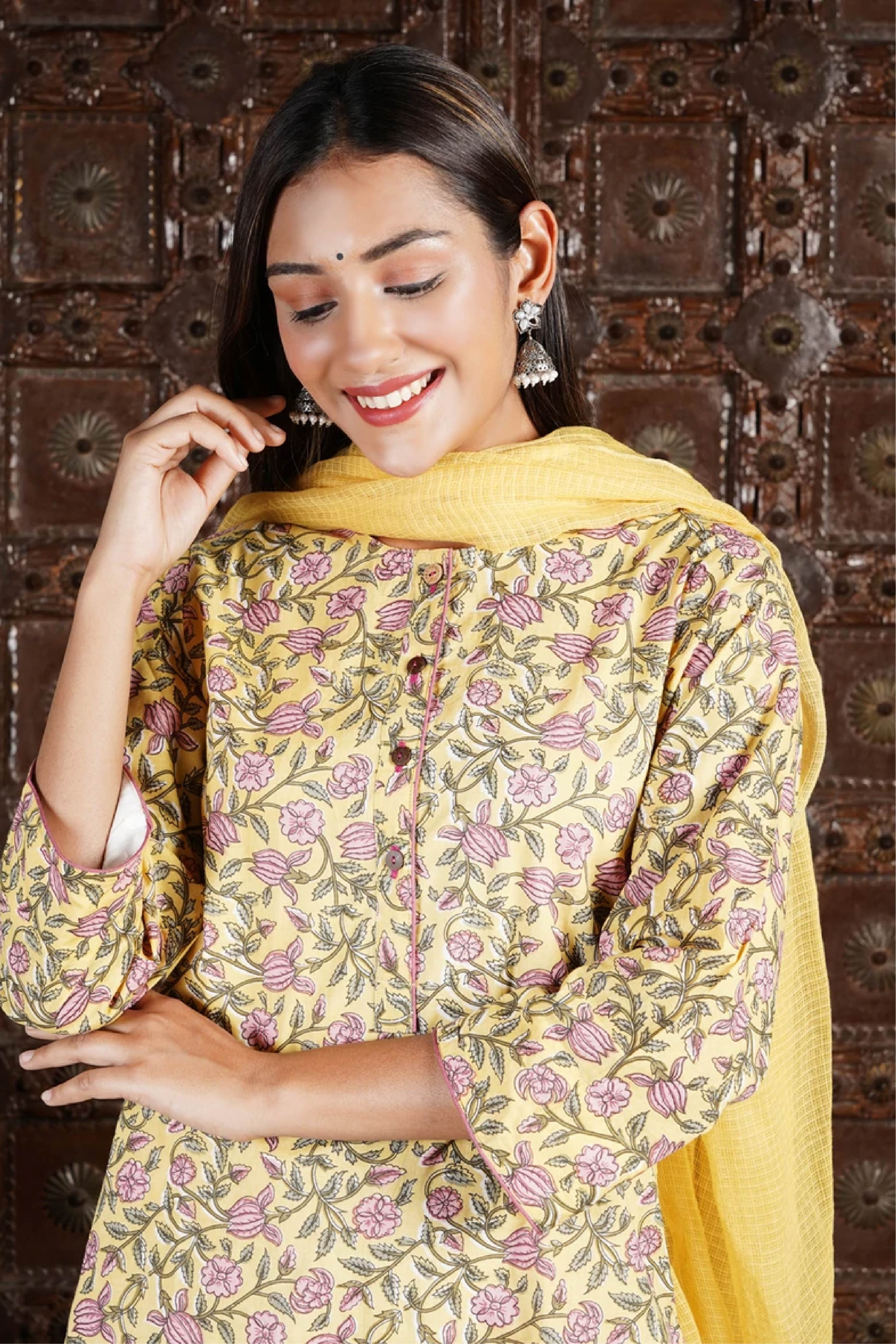 Women Sunshine Yellow Floral Suit- Set of 3