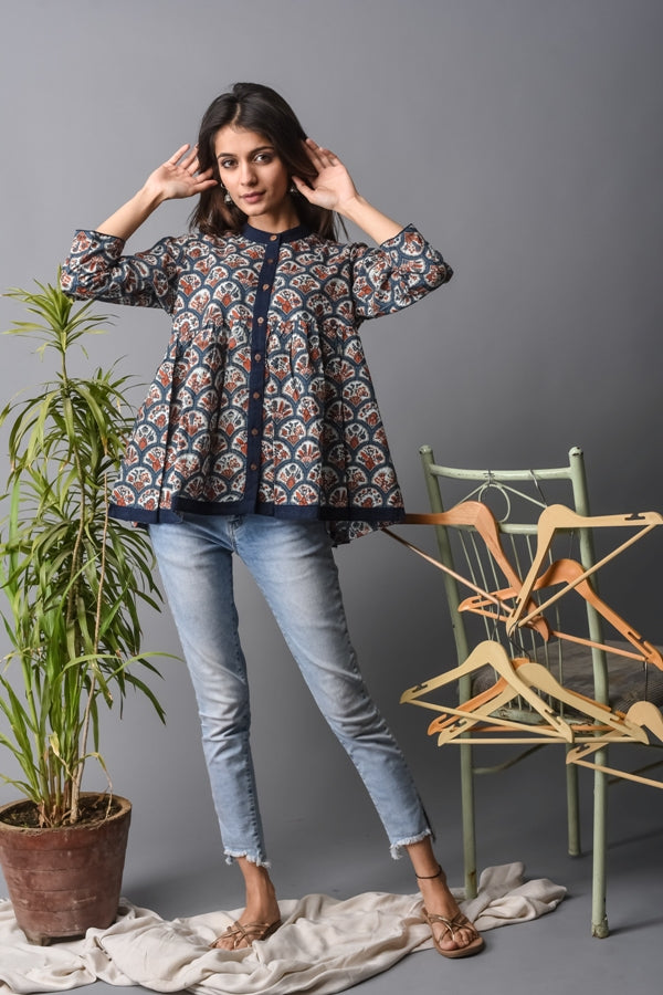 Women Top-Peplum Blue Blossom