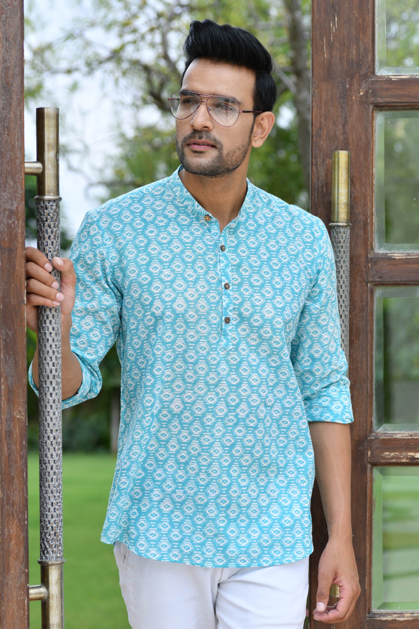 Greek Key Sea Green Short Kurta