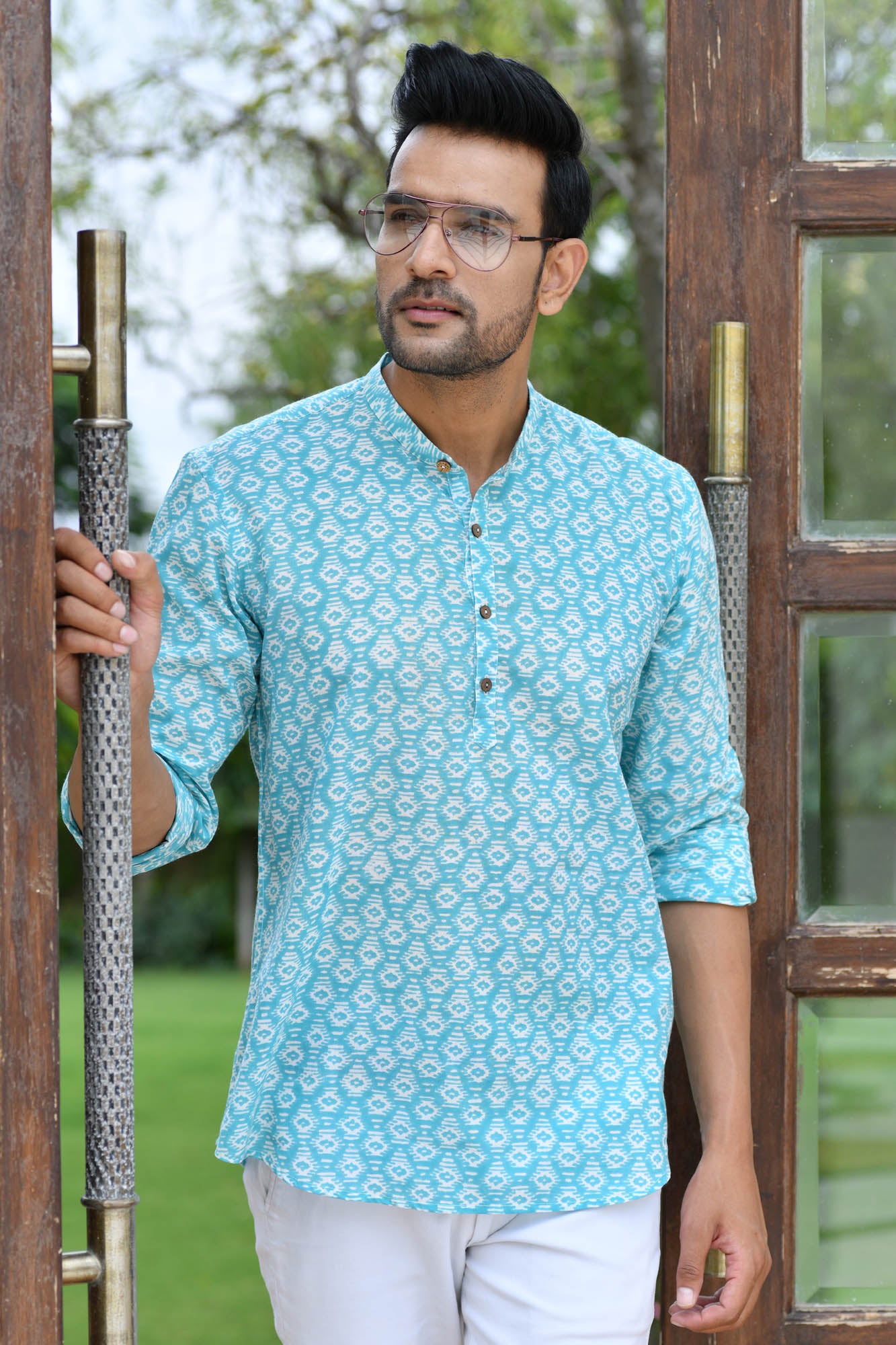 Kurta Short Mens Greek Key Sea Green