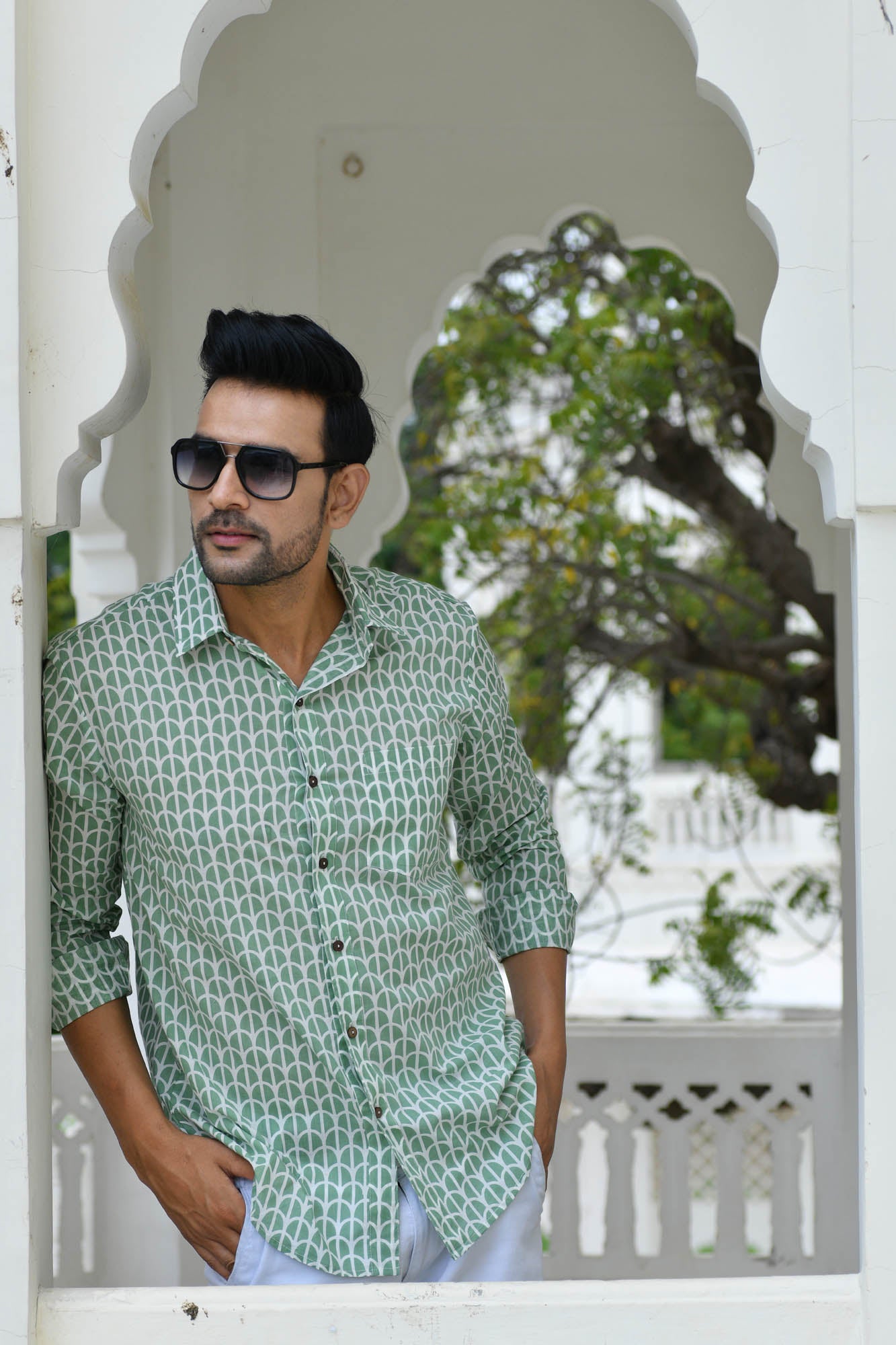Men Full Sleeve Shirt Scallop Green Chain