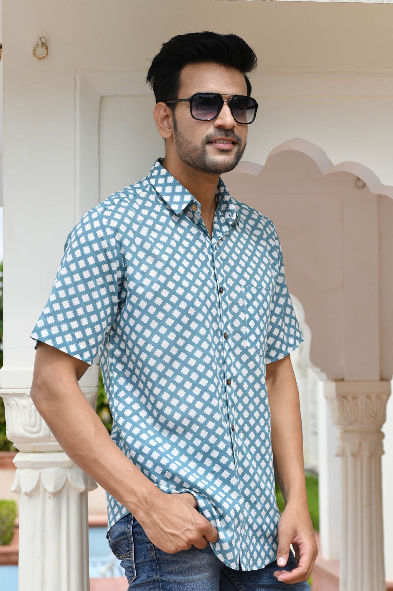 Men Grey Moroccon Half Sleeve Shirt