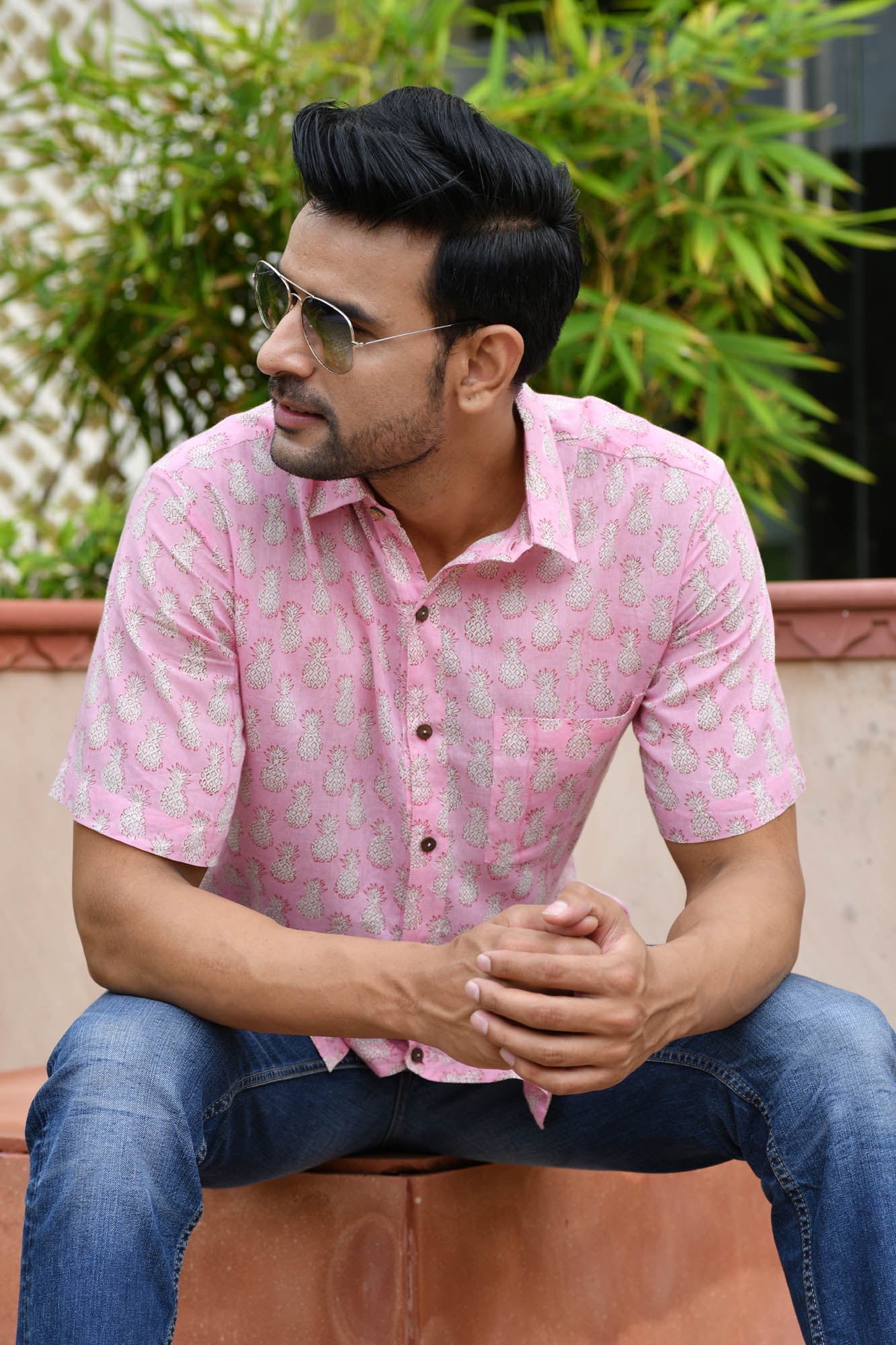 Men Pink Pine Half Sleeve Shirt