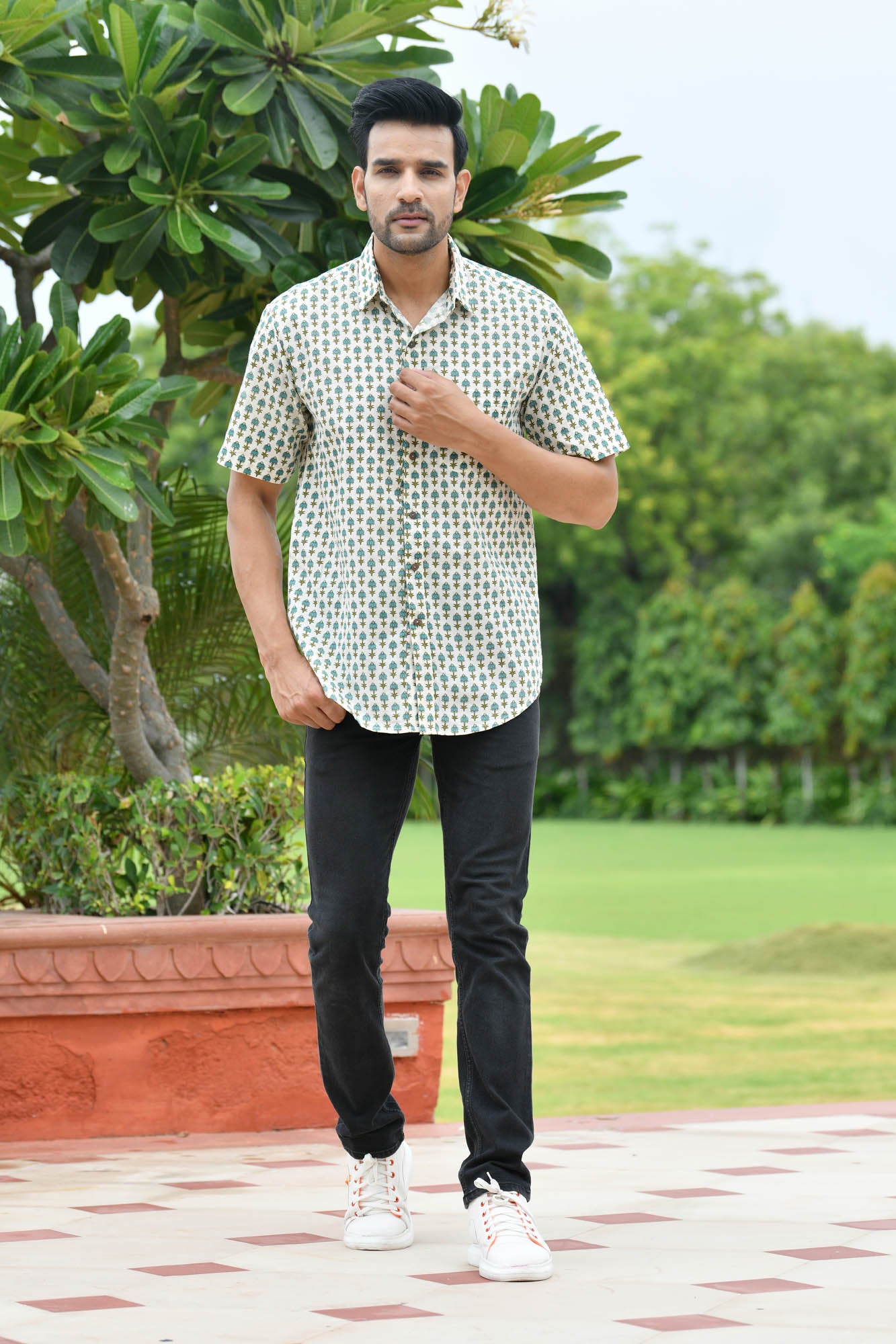 Shirt Half Sleeve Mens Block Motifs Green