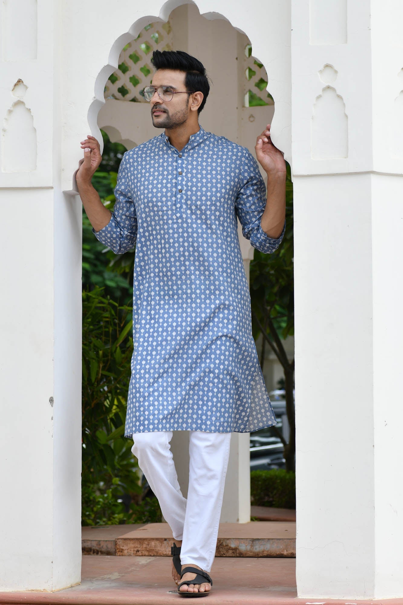 Block Motifs Sky Blue Long Kurta | Rescue