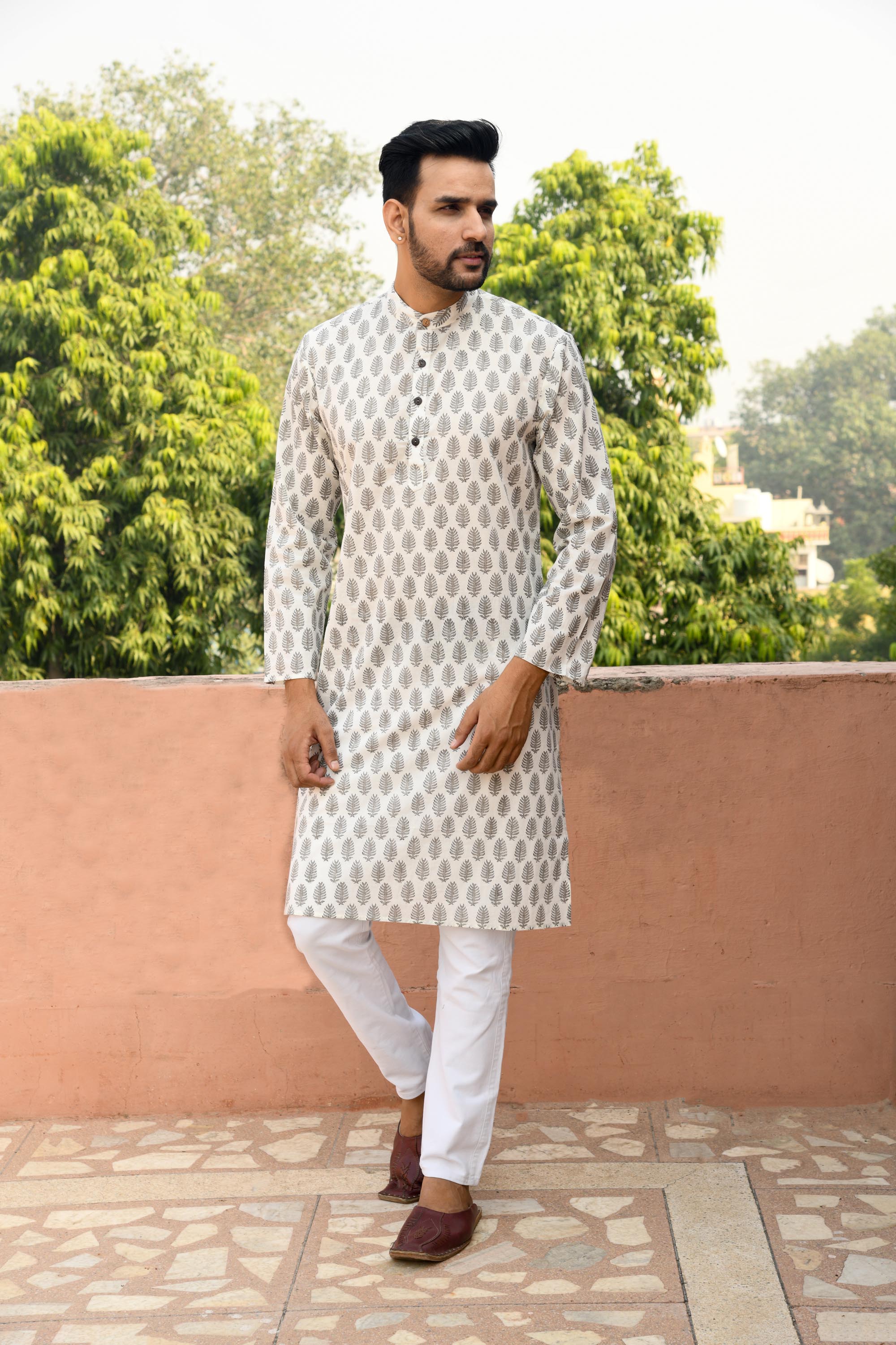 Gray Leaf Long Kurta